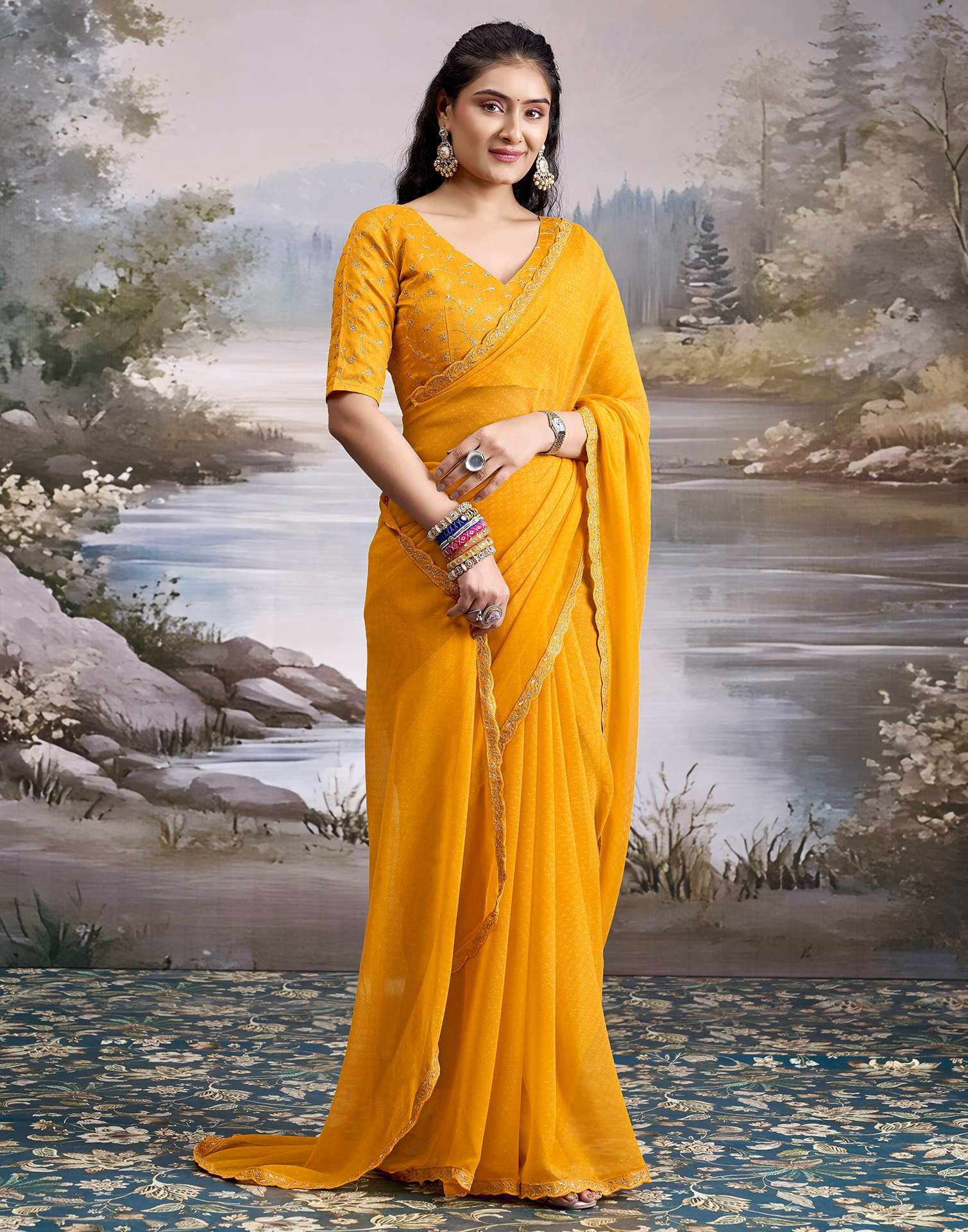 Yellow Georgette Printed Lace Saree