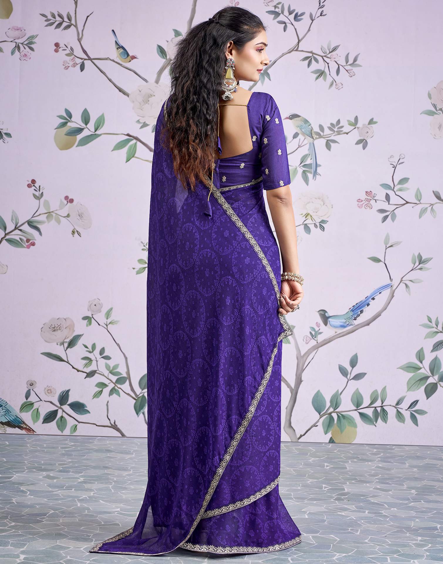 Dark Purple Georgette Bandhani Printed Lace Saree