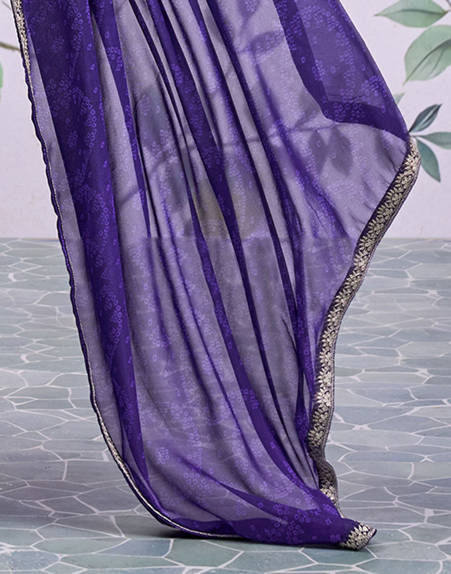 Dark Purple Georgette Bandhani Printed Lace Saree