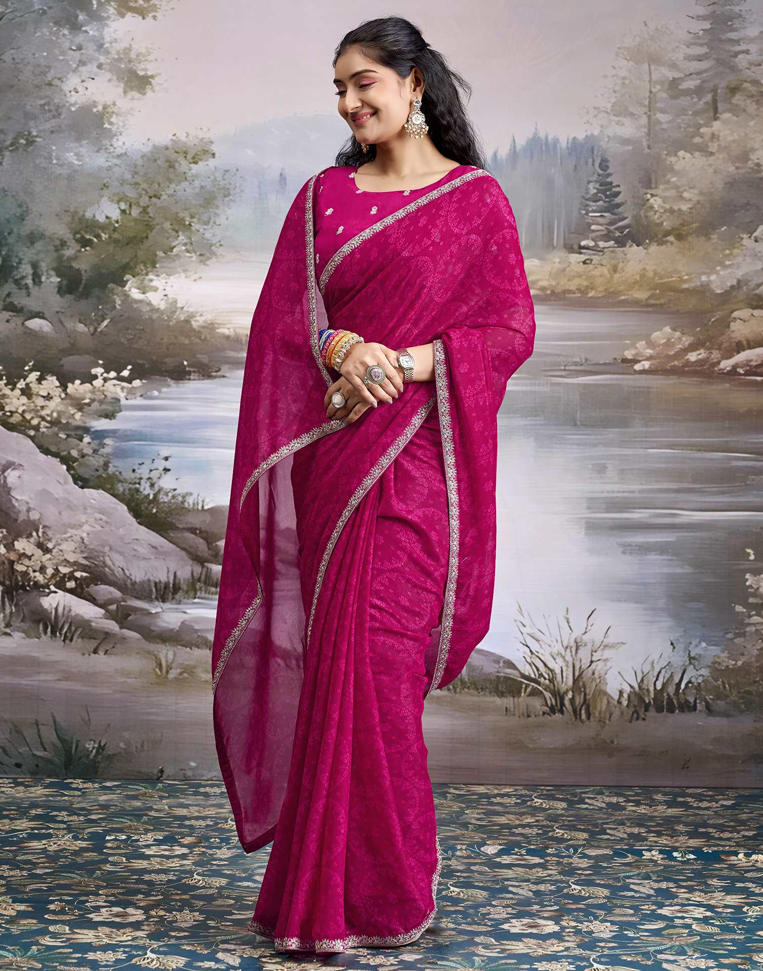 Rani Pink Georgette Bandhani Printed Lace Saree