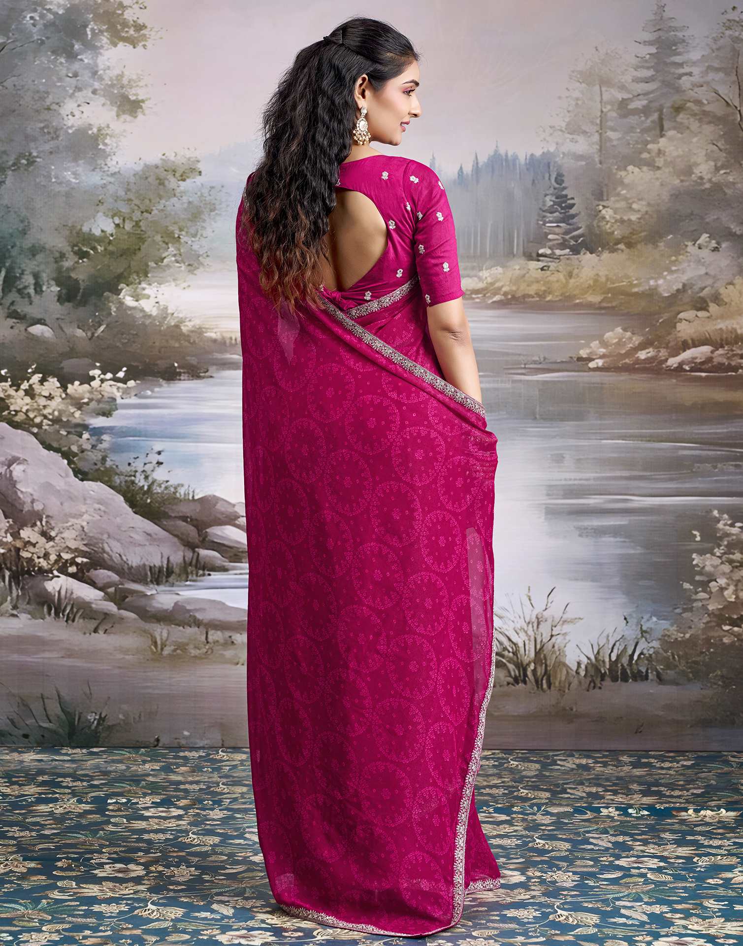 Rani Pink Georgette Bandhani Printed Lace Saree