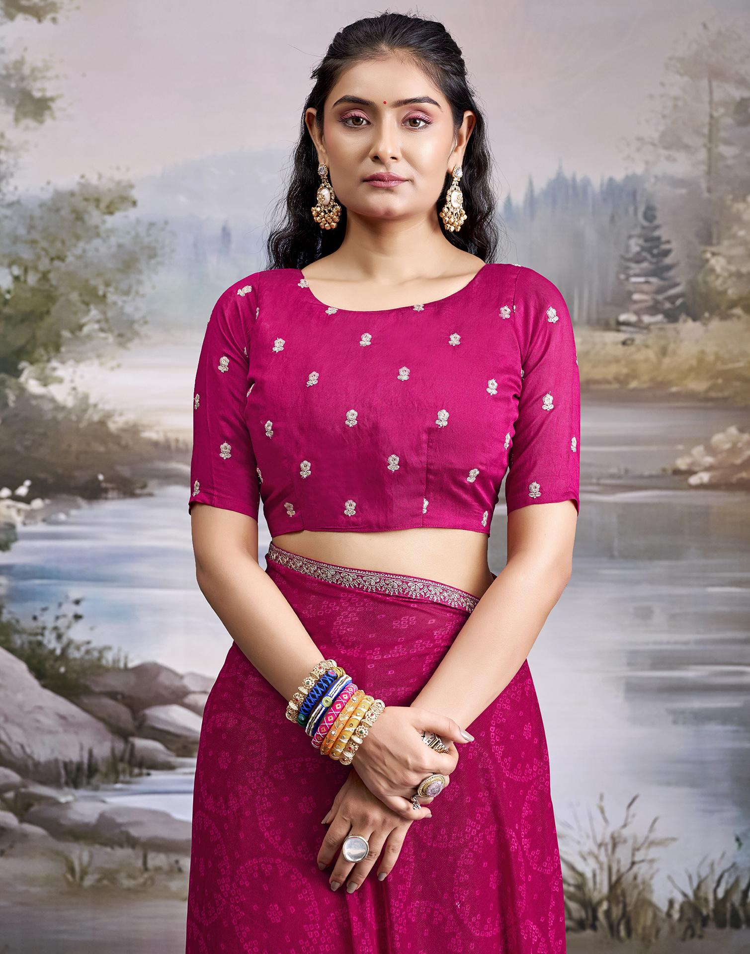Rani Pink Georgette Bandhani Printed Lace Saree