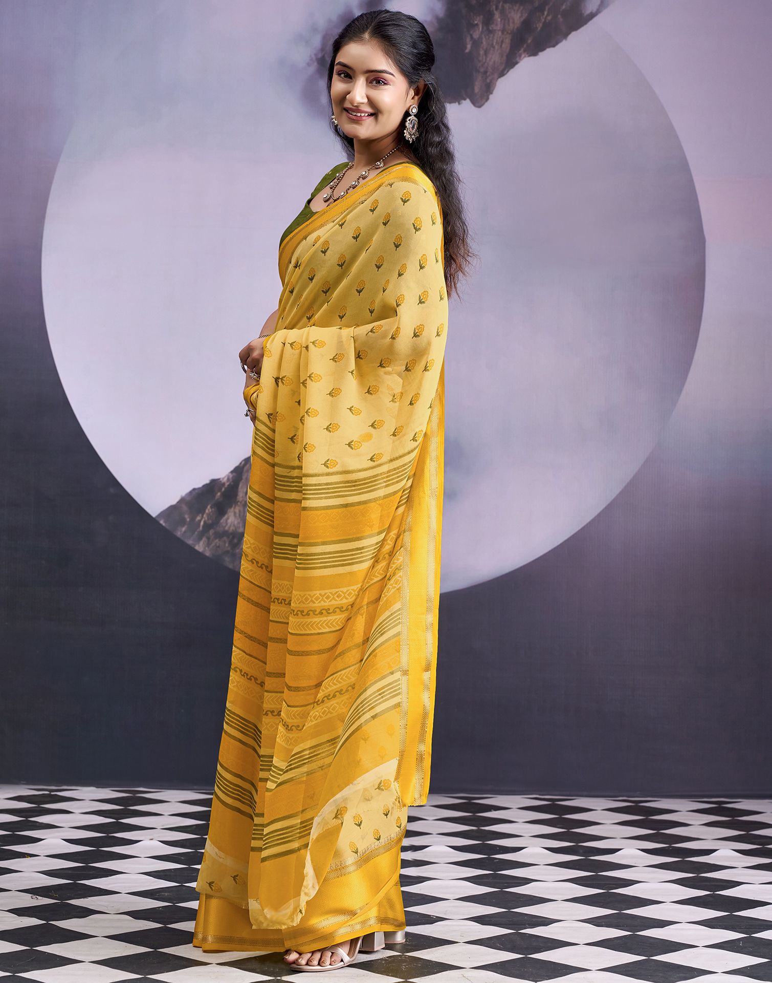 Light Yellow Georgette Floral Printed Saree