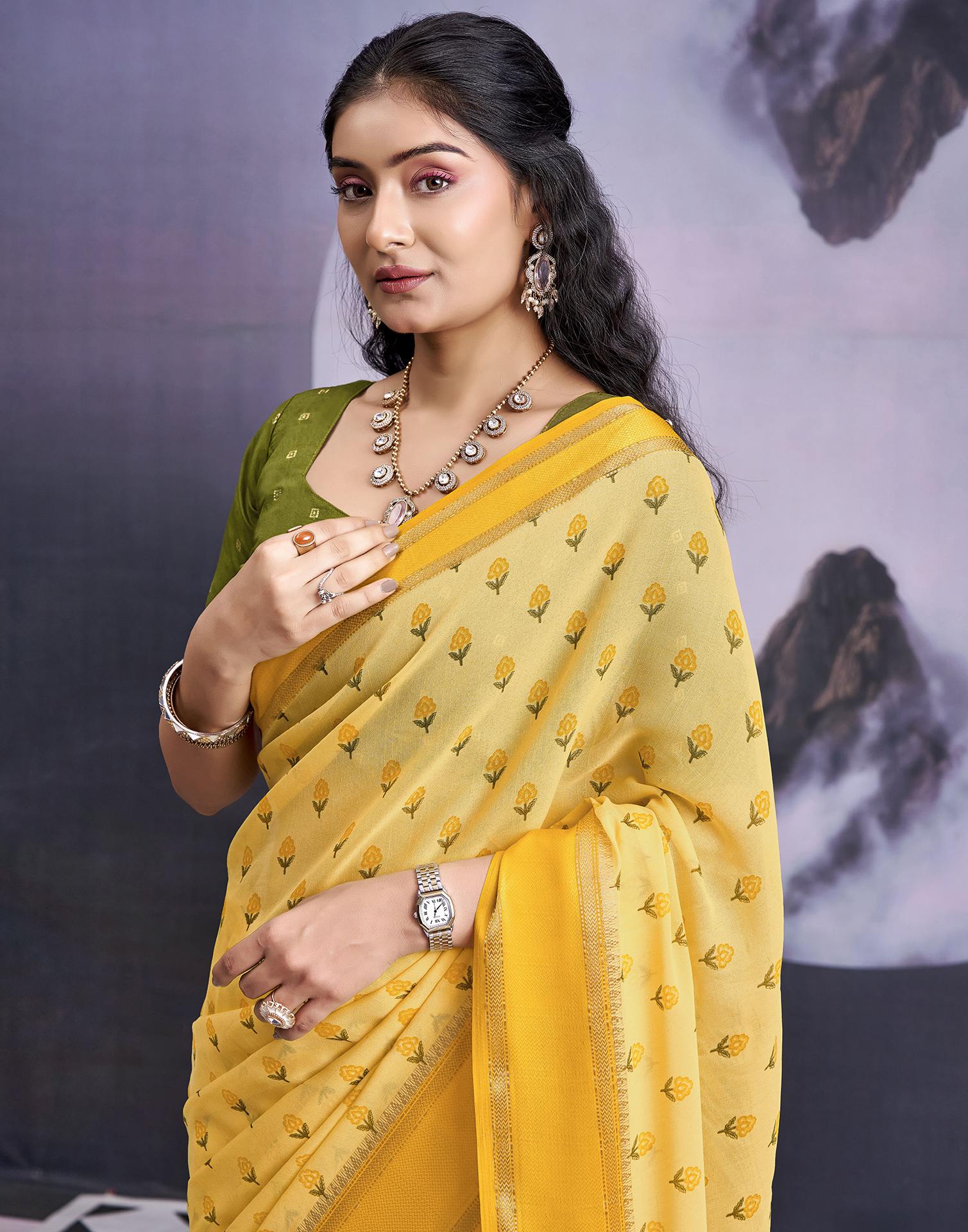 Light Yellow Georgette Floral Printed Saree