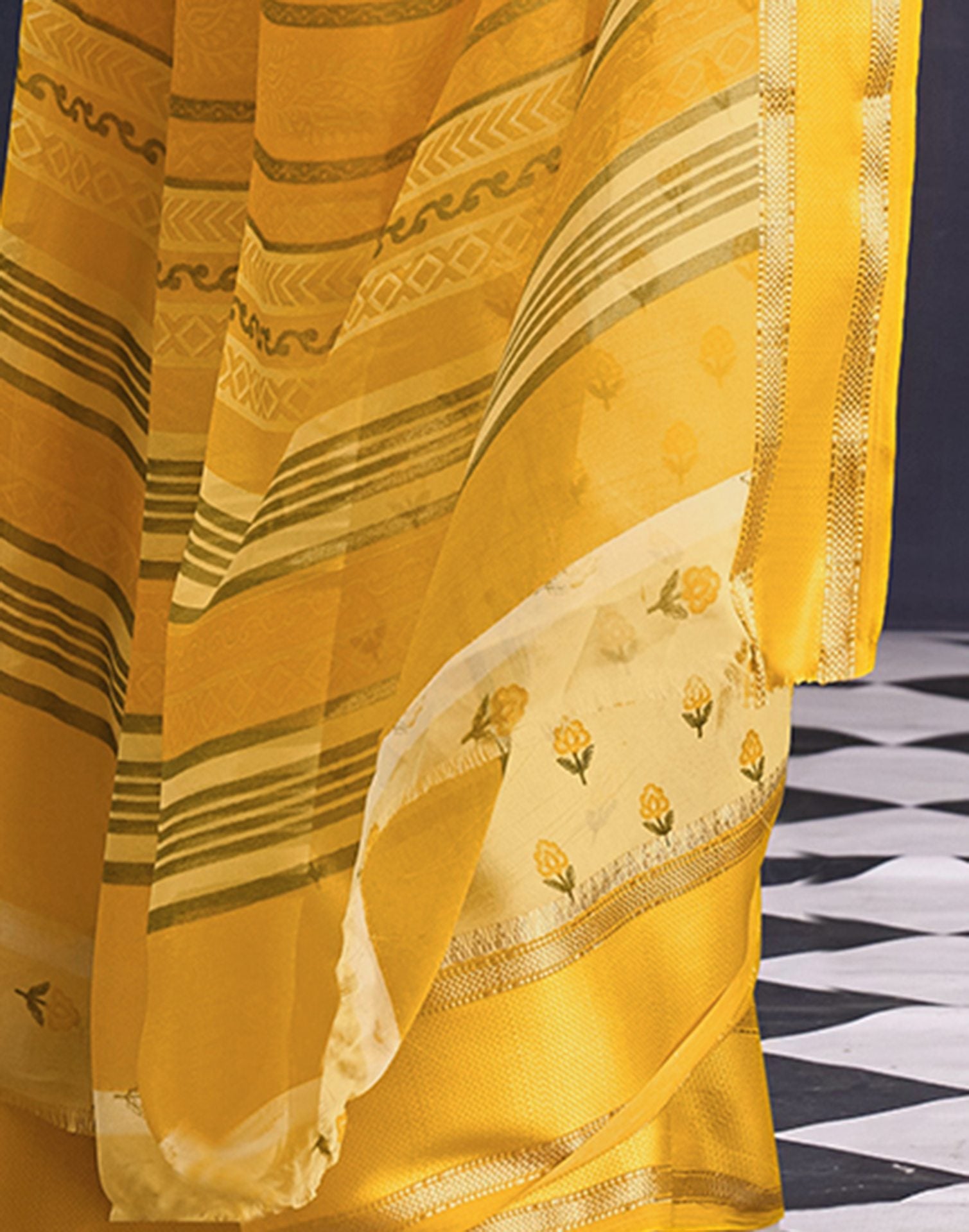 Light Yellow Georgette Floral Printed Saree