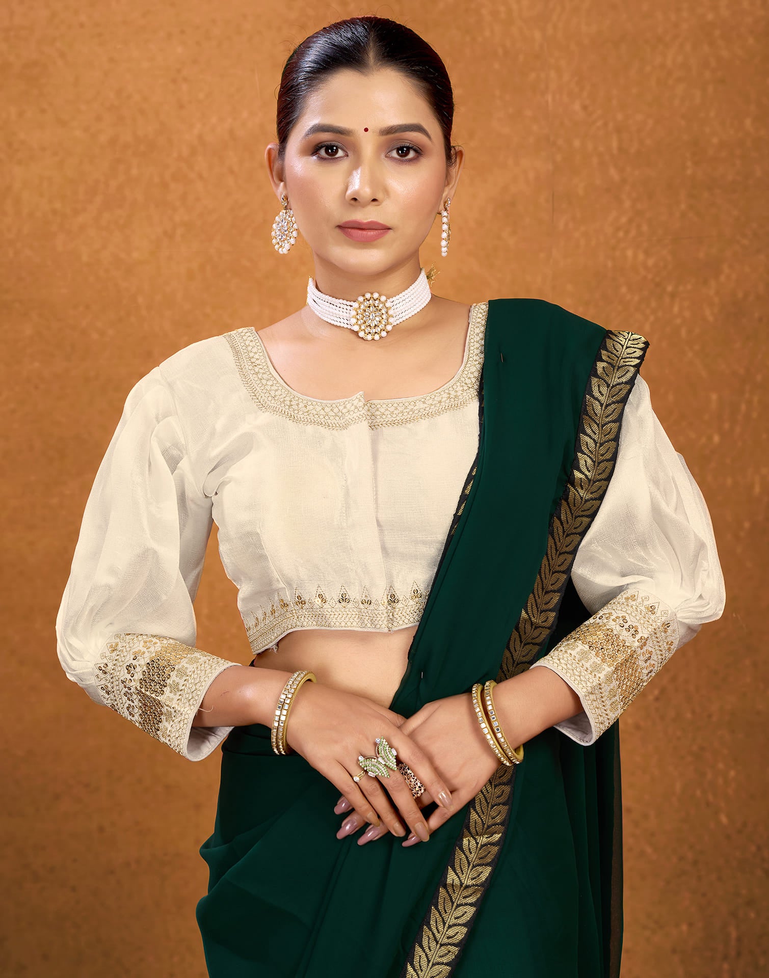 Cream Silk Plain Sequence Blouse