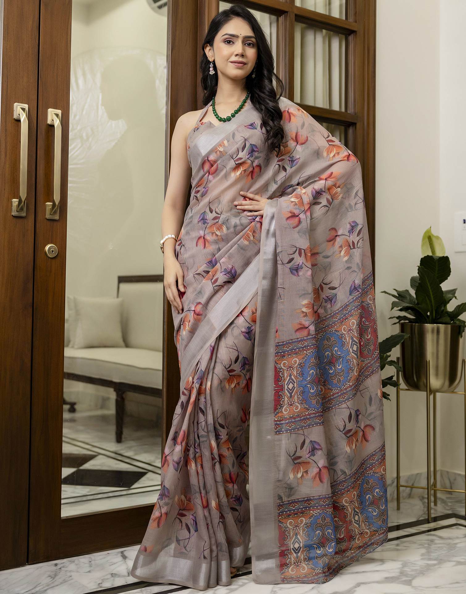 Ready To Wear Light Brown Linen Floral Printed Saree