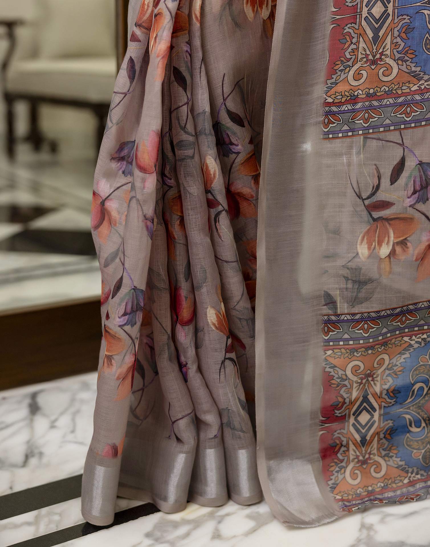 Ready To Wear Light Brown Linen Floral Printed Saree