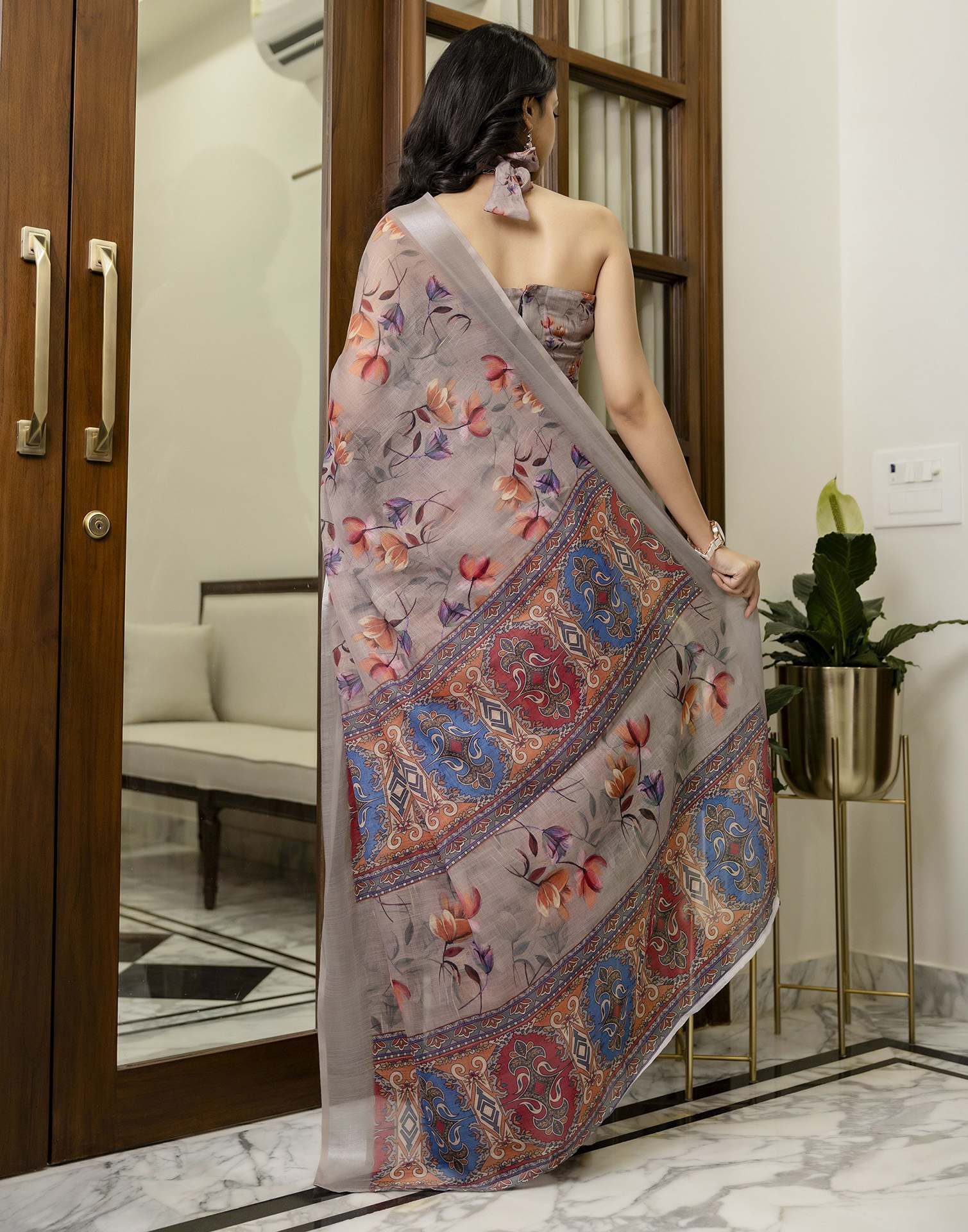 Ready To Wear Light Brown Linen Floral Printed Saree