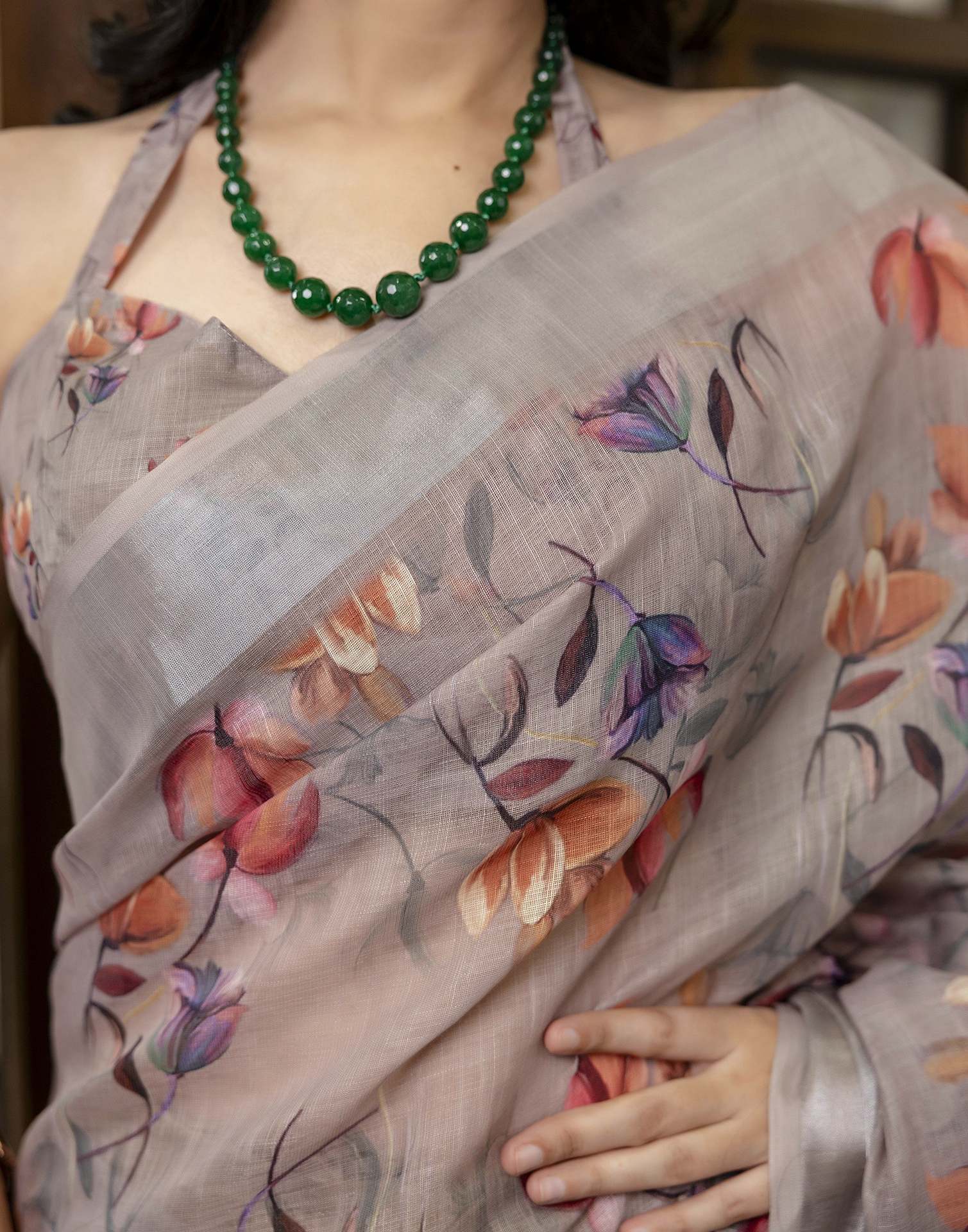 Ready To Wear Light Brown Linen Floral Printed Saree