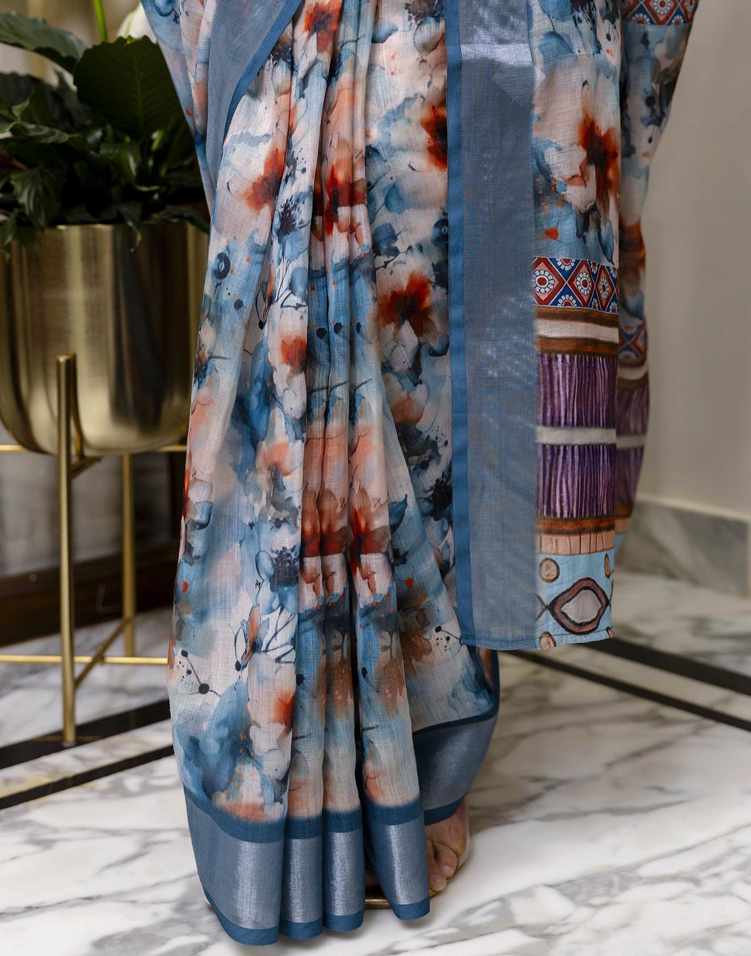 Ready To Wear Teal Blue Linen Floral Printed Saree