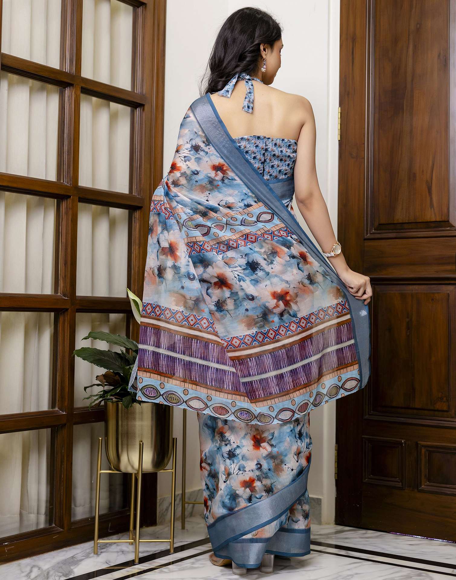 Ready To Wear Teal Blue Linen Floral Printed Saree