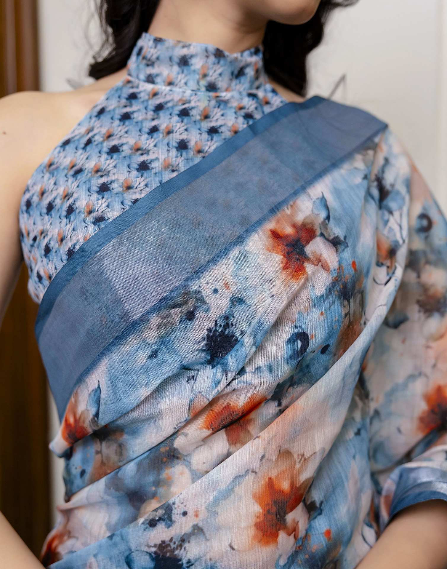 Ready To Wear Teal Blue Linen Floral Printed Saree