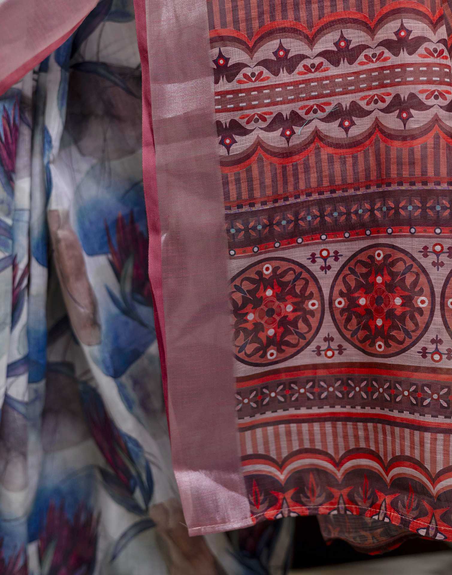 Ready To Wear White Linen Floral Printed Saree