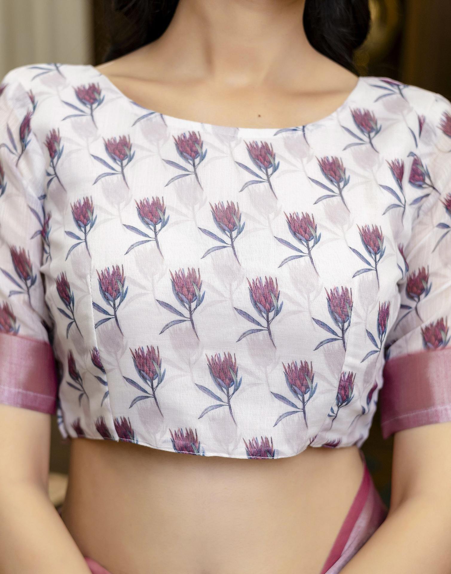 Ready To Wear White Linen Floral Printed Saree
