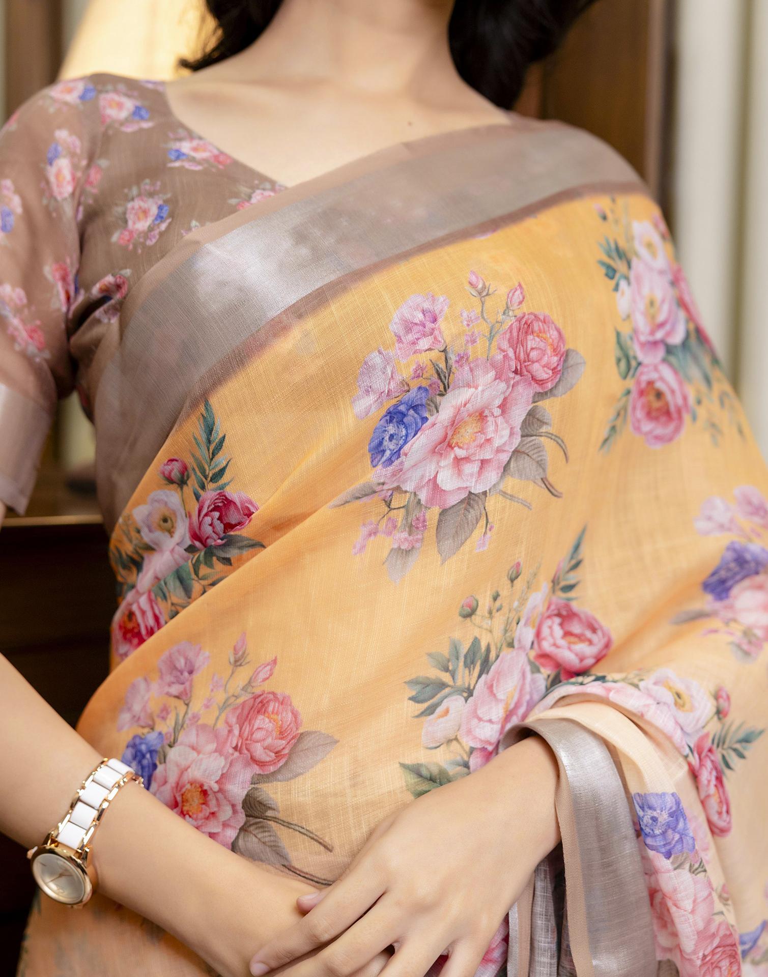 Ready To Wear Beige Linen Floral Printed Saree