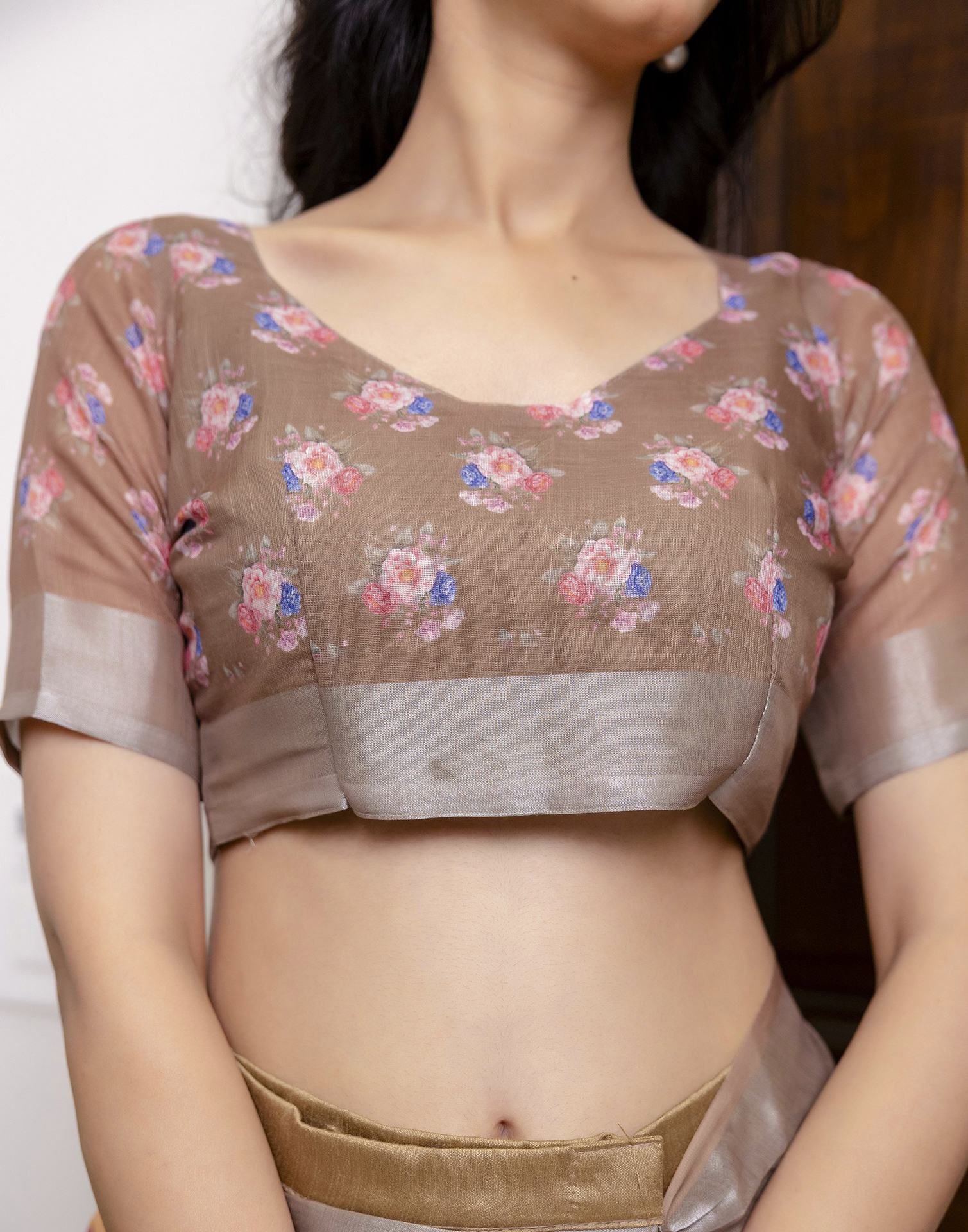 Ready To Wear Beige Linen Floral Printed Saree