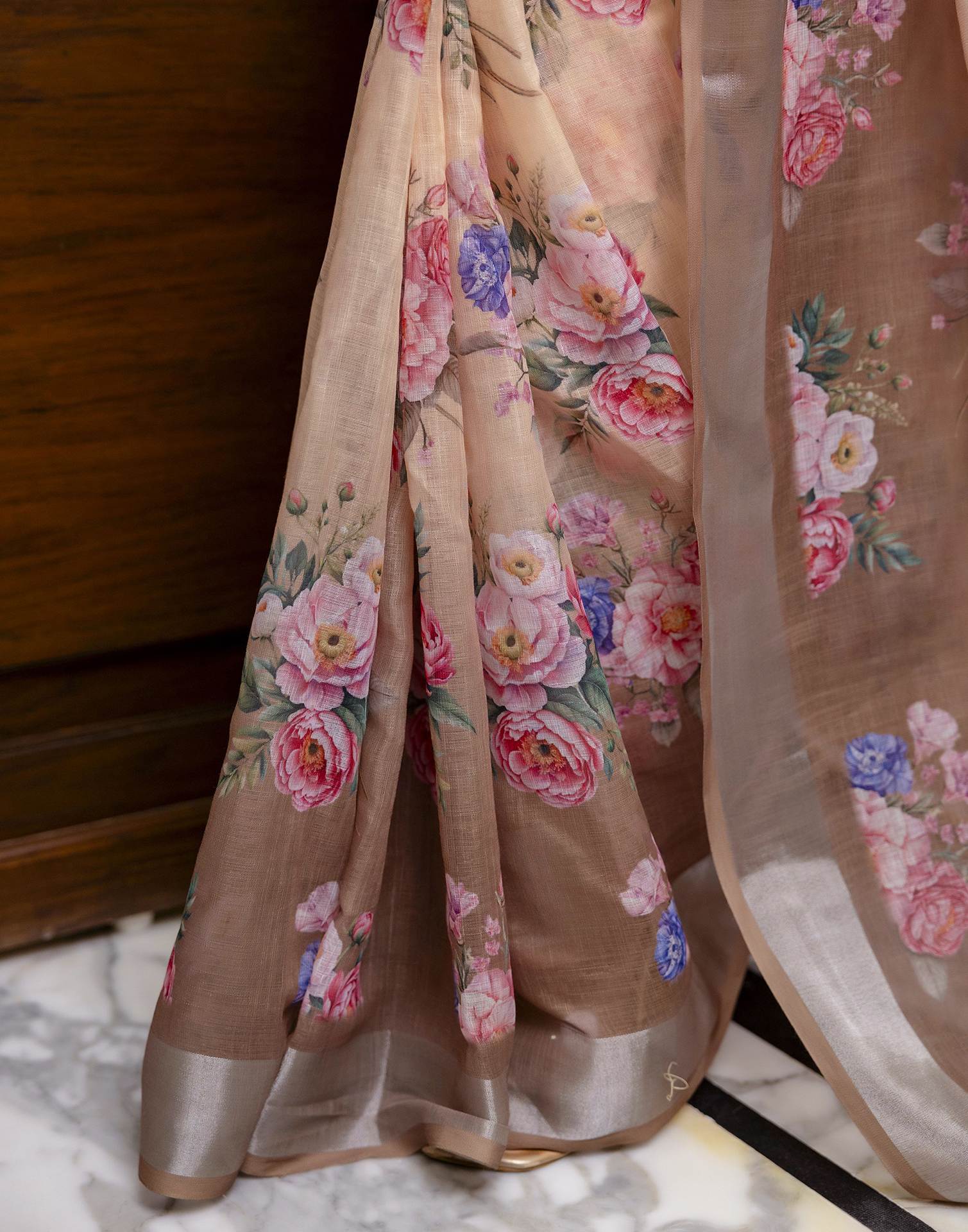 Ready To Wear Beige Linen Floral Printed Saree