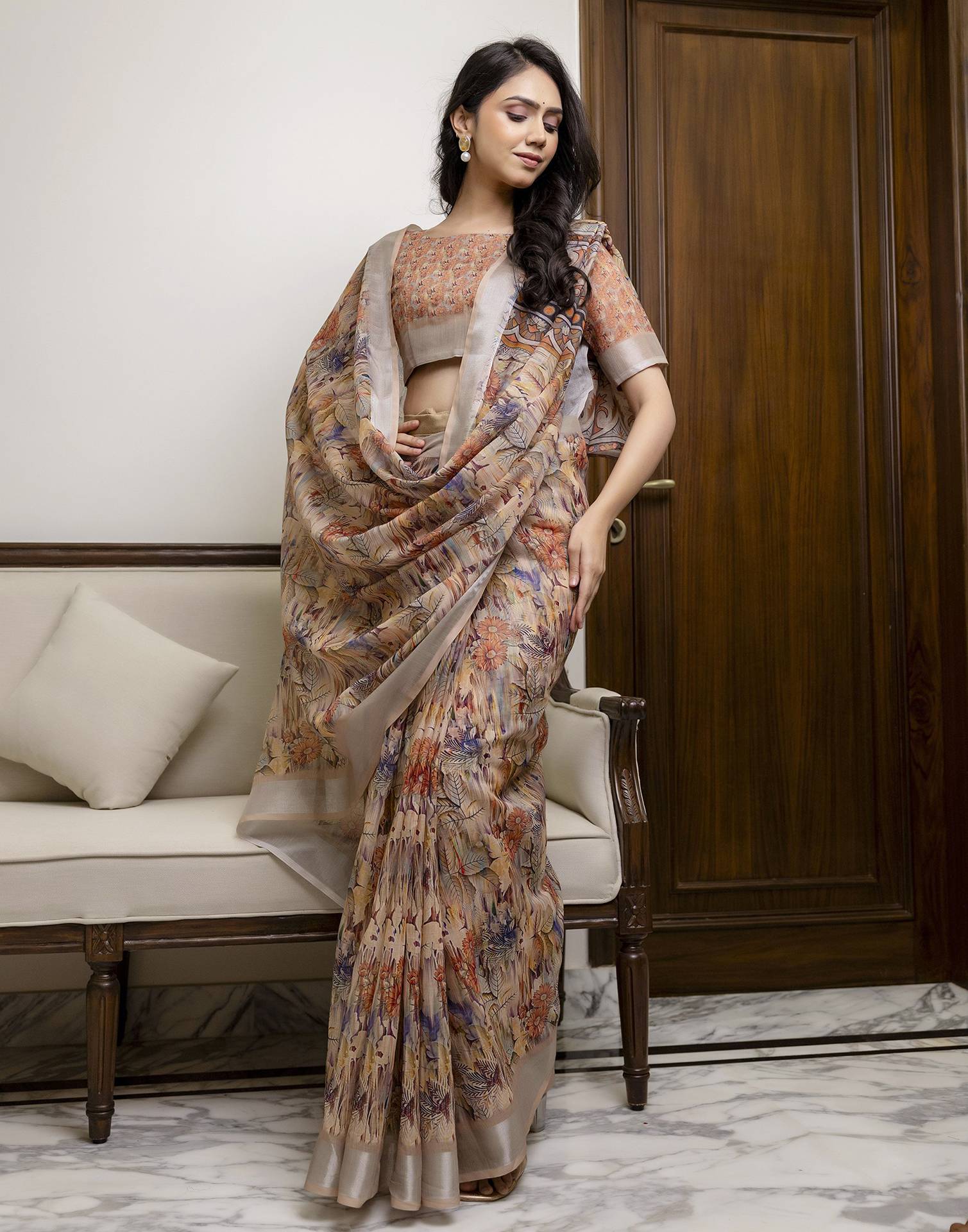 Ready To Wear Beige Linen Floral Printed Saree
