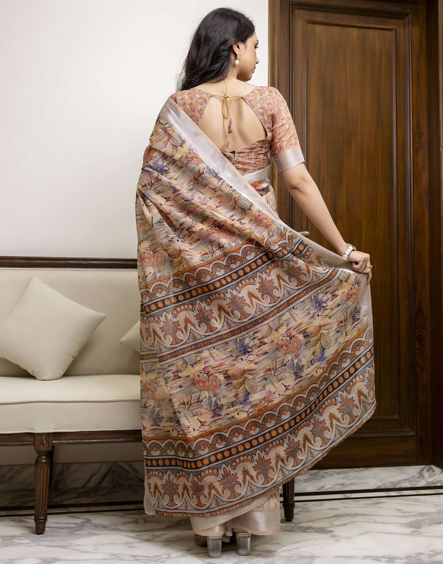 Ready To Wear Beige Linen Floral Printed Saree