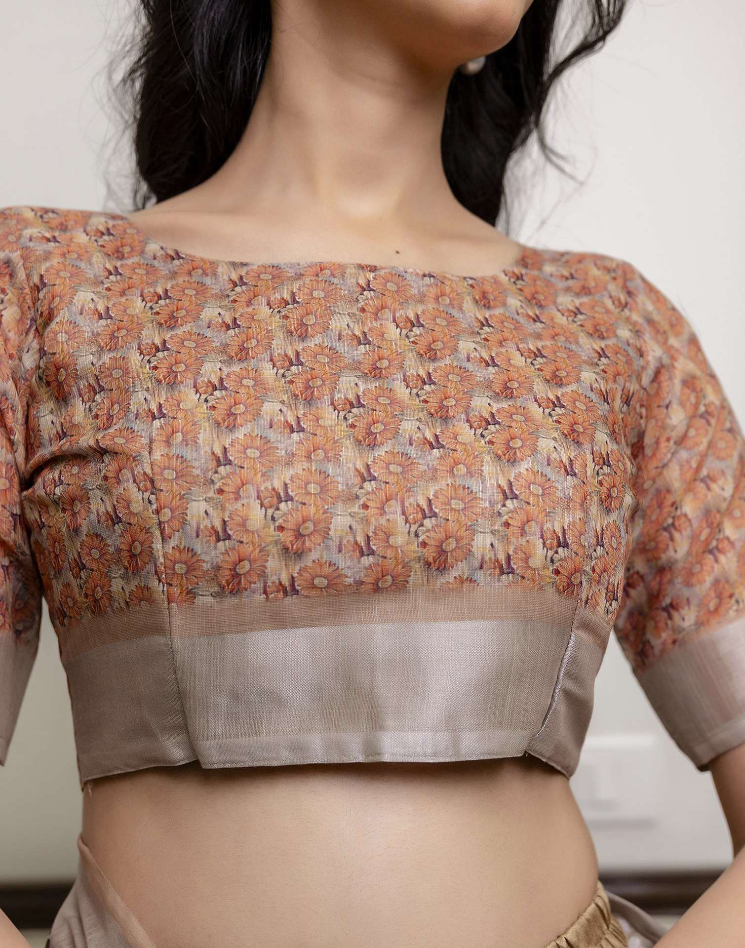 Ready To Wear Beige Linen Floral Printed Saree