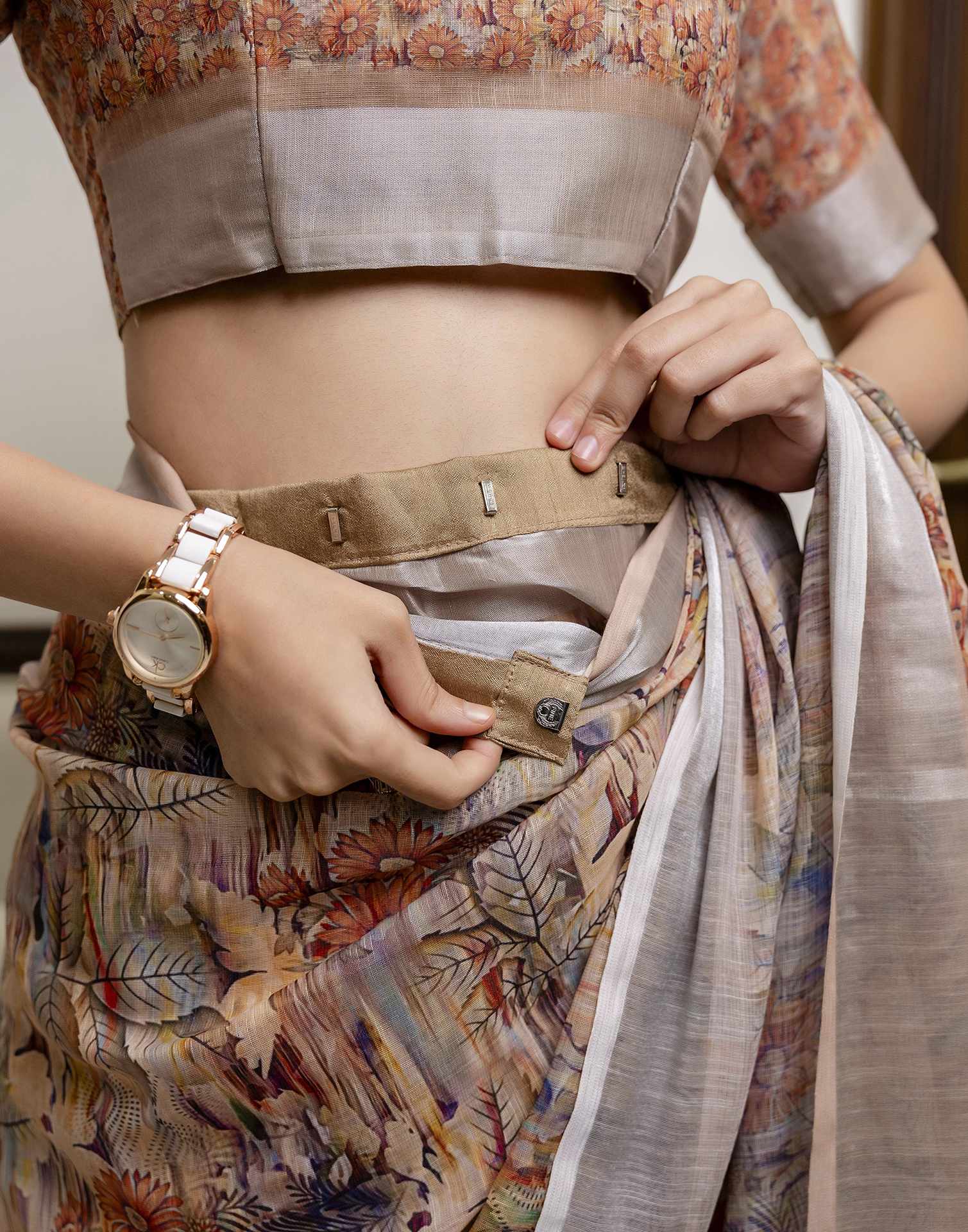 Ready To Wear Beige Linen Floral Printed Saree