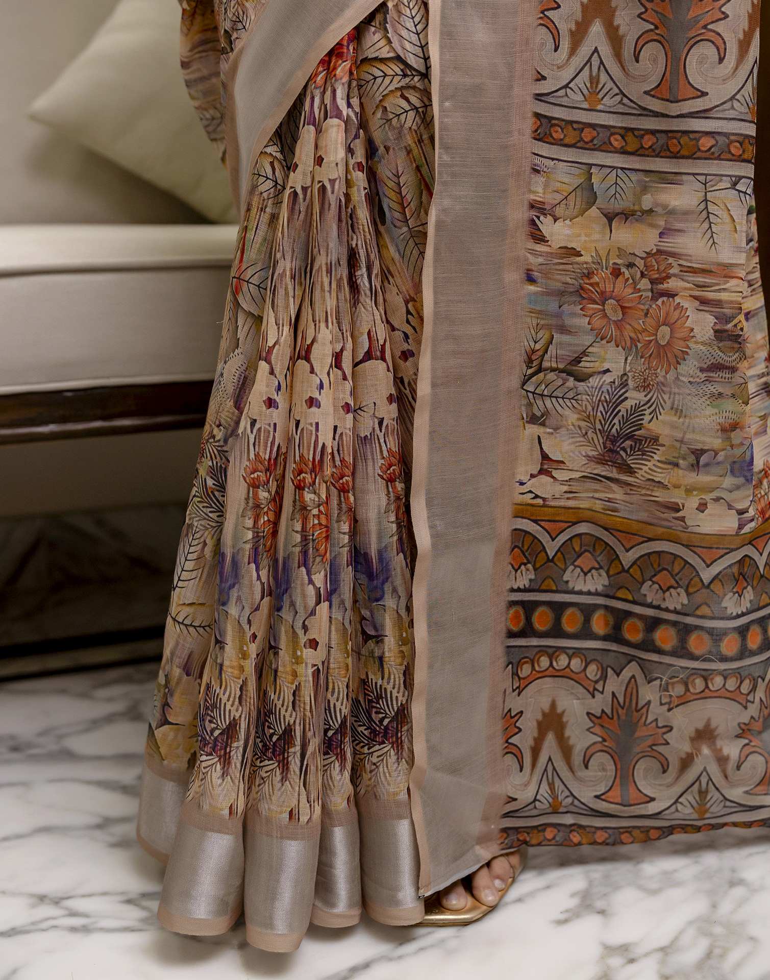 Ready To Wear Beige Linen Floral Printed Saree
