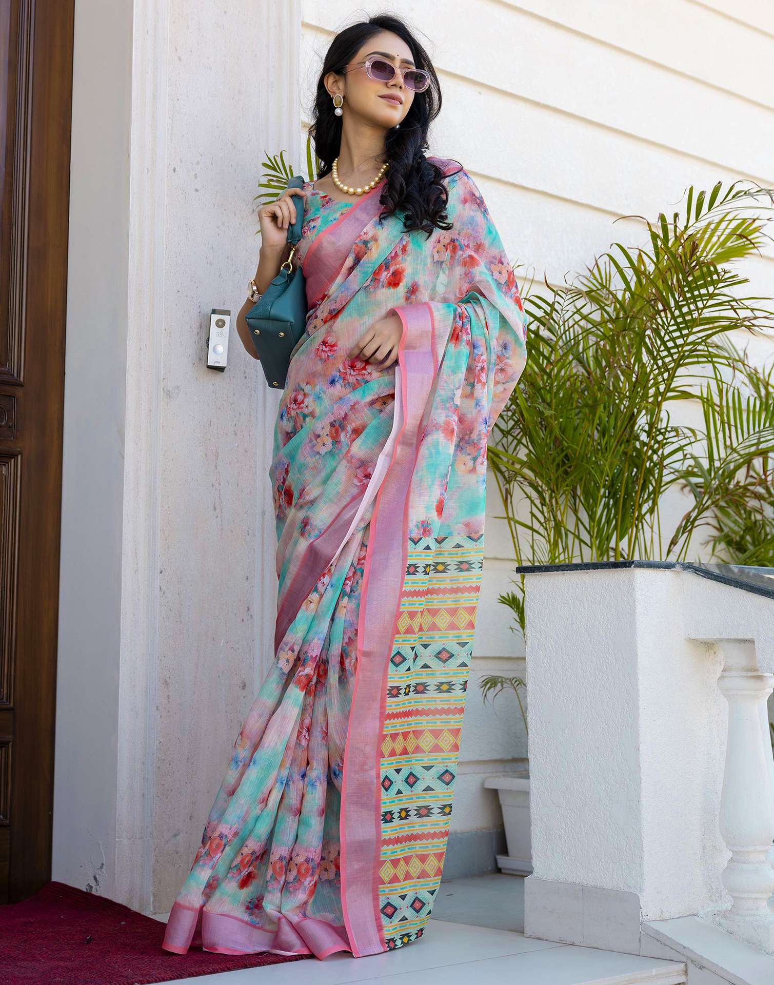 Ready To Wear Teal Green Linen Floral Printed Saree