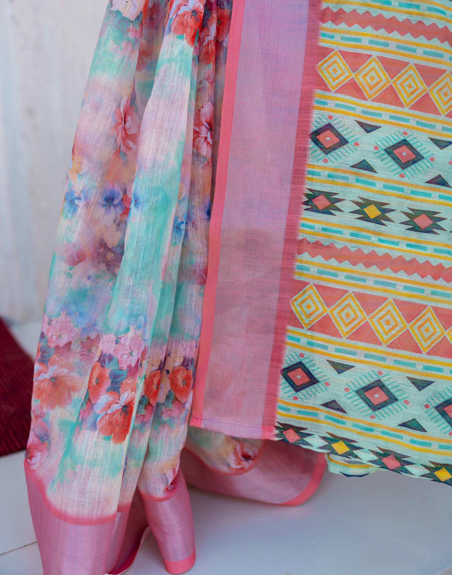 Ready To Wear Teal Green Linen Floral Printed Saree