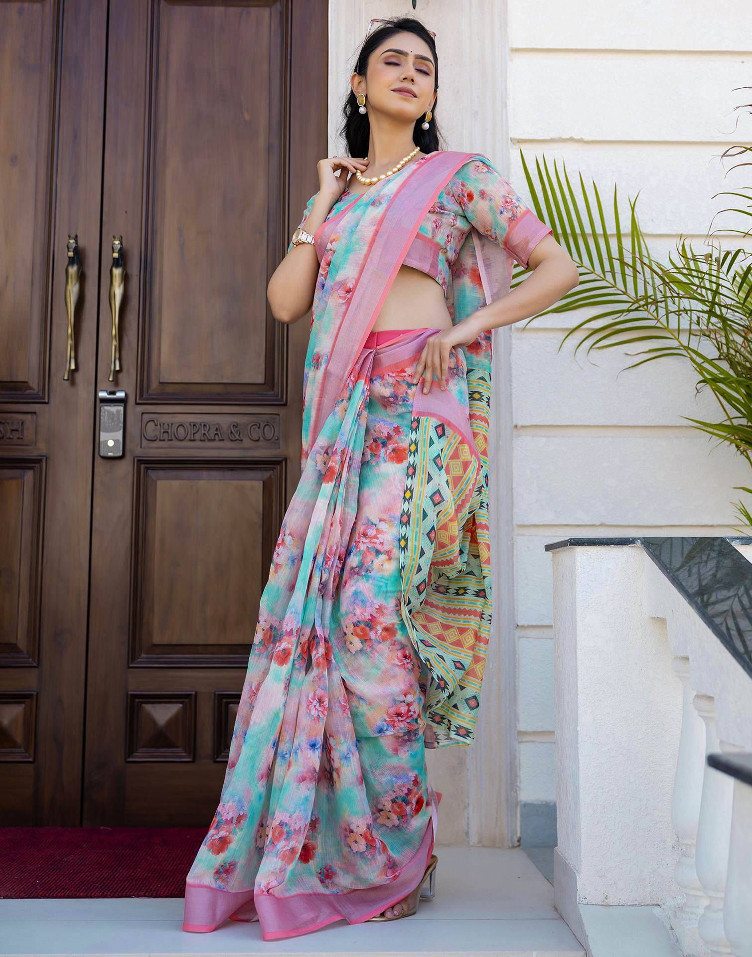 Ready To Wear Teal Green Linen Floral Printed Saree