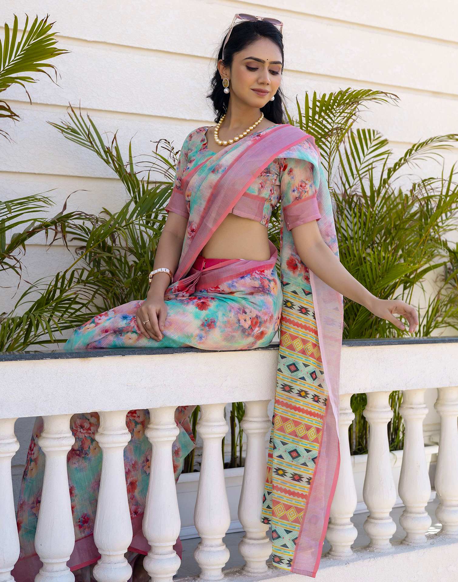 Ready To Wear Teal Green Linen Floral Printed Saree