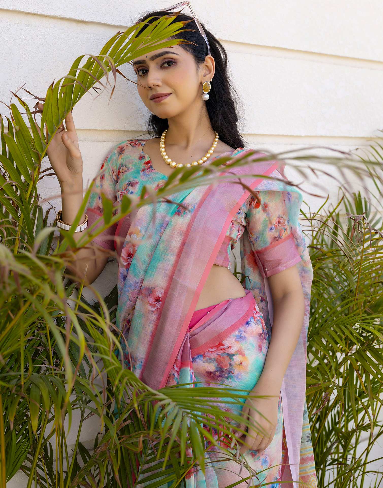 Ready To Wear Teal Green Linen Floral Printed Saree