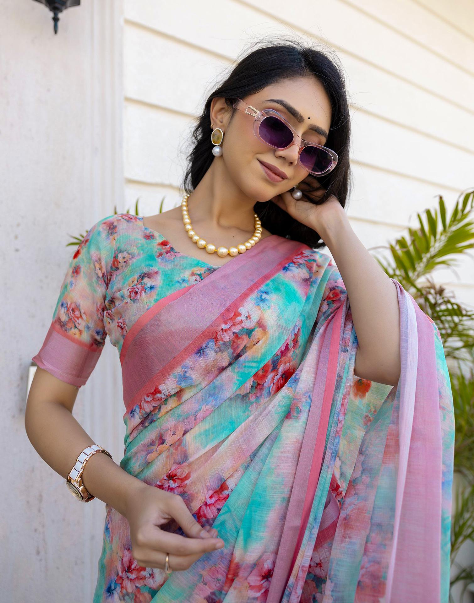Ready To Wear Teal Green Linen Floral Printed Saree