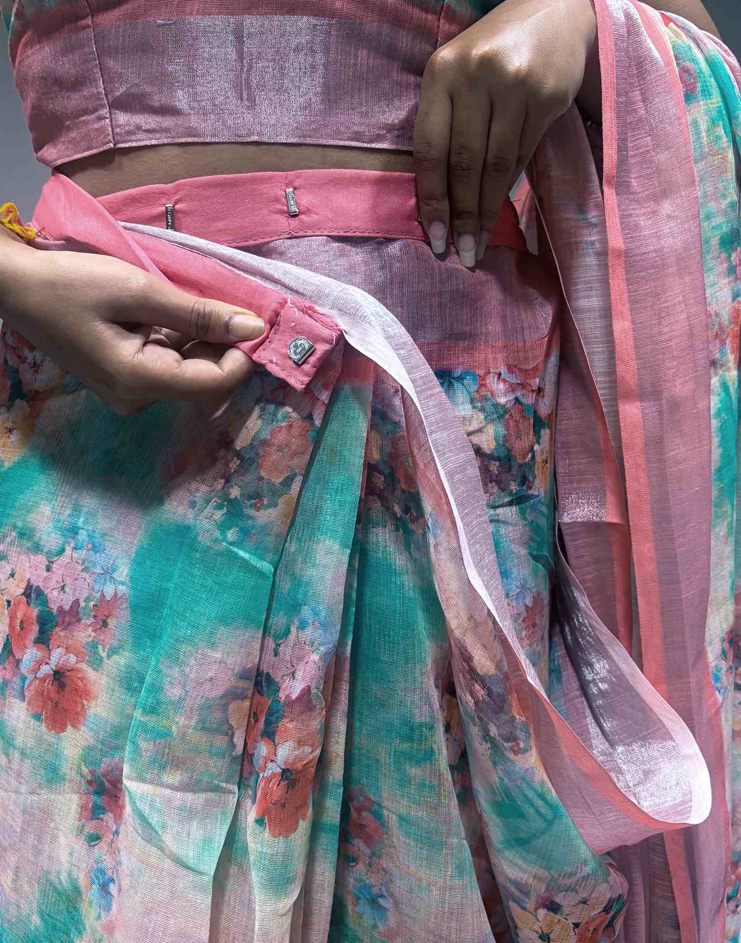 Ready To Wear Teal Green Linen Floral Printed Saree