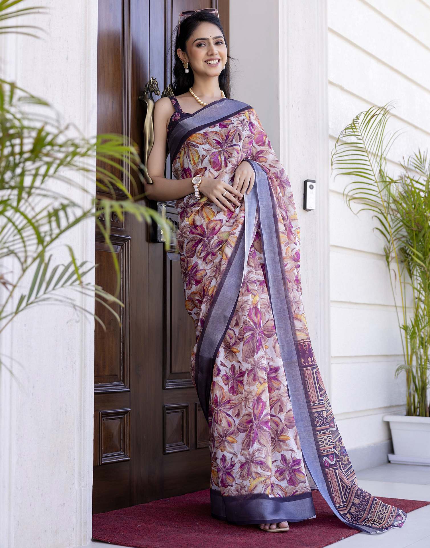 Ready To Wear White Linen Floral Printed Saree