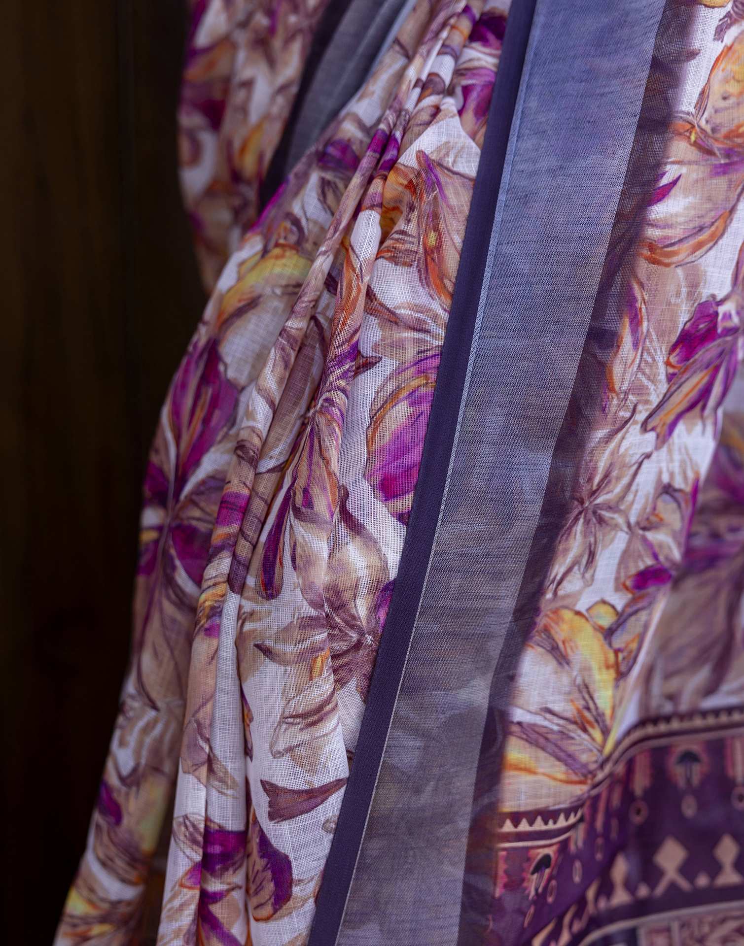Ready To Wear White Linen Floral Printed Saree