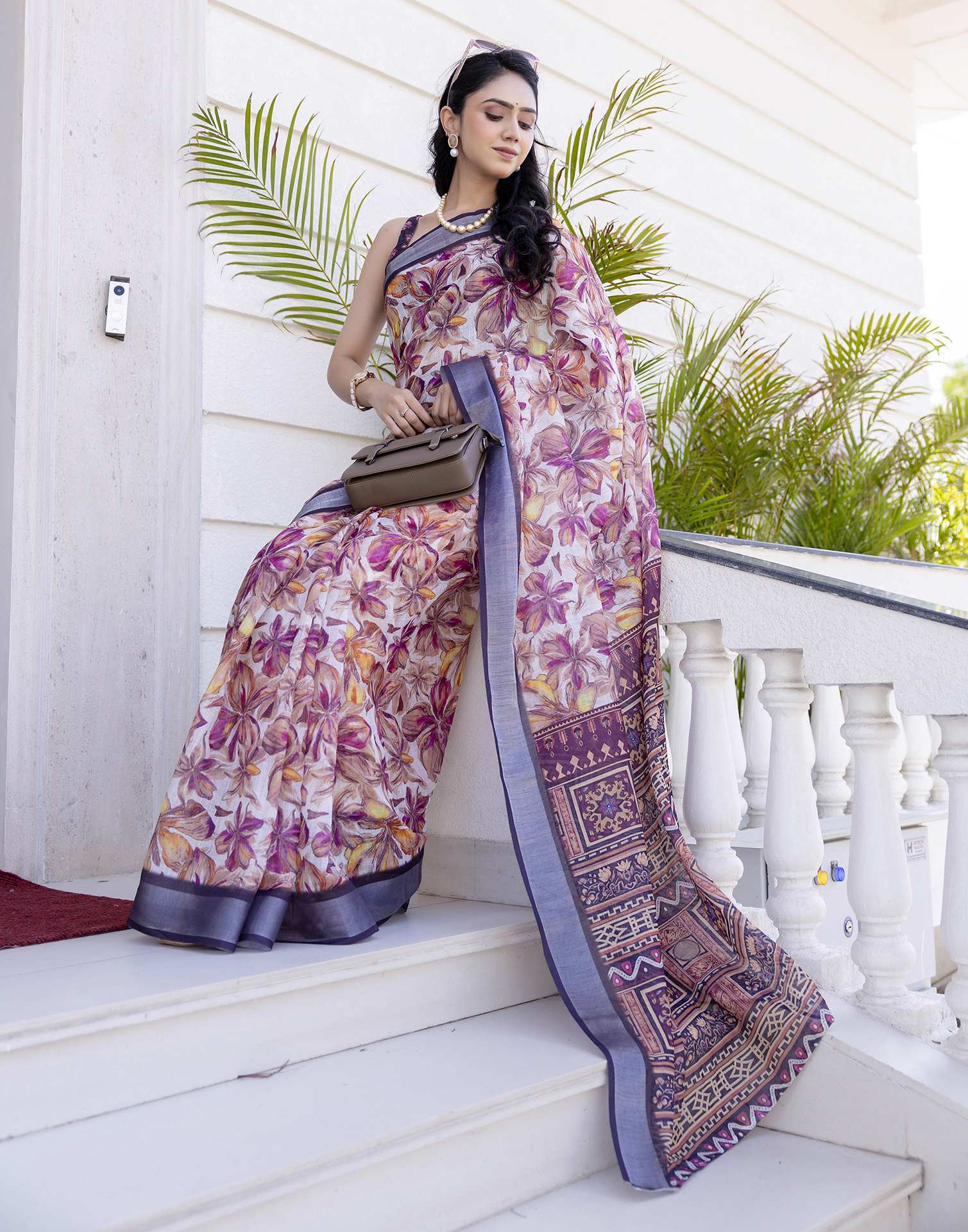 Ready To Wear White Linen Floral Printed Saree