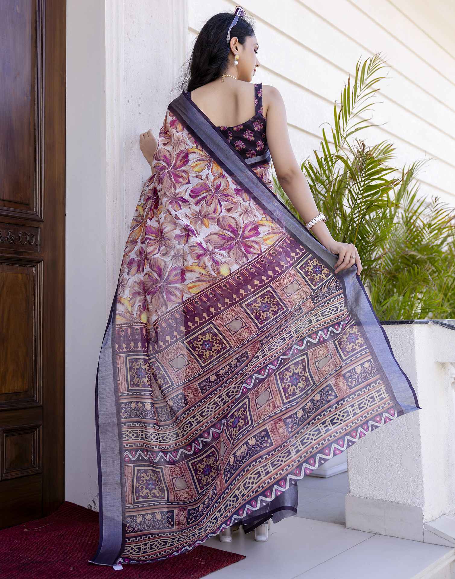 Ready To Wear White Linen Floral Printed Saree