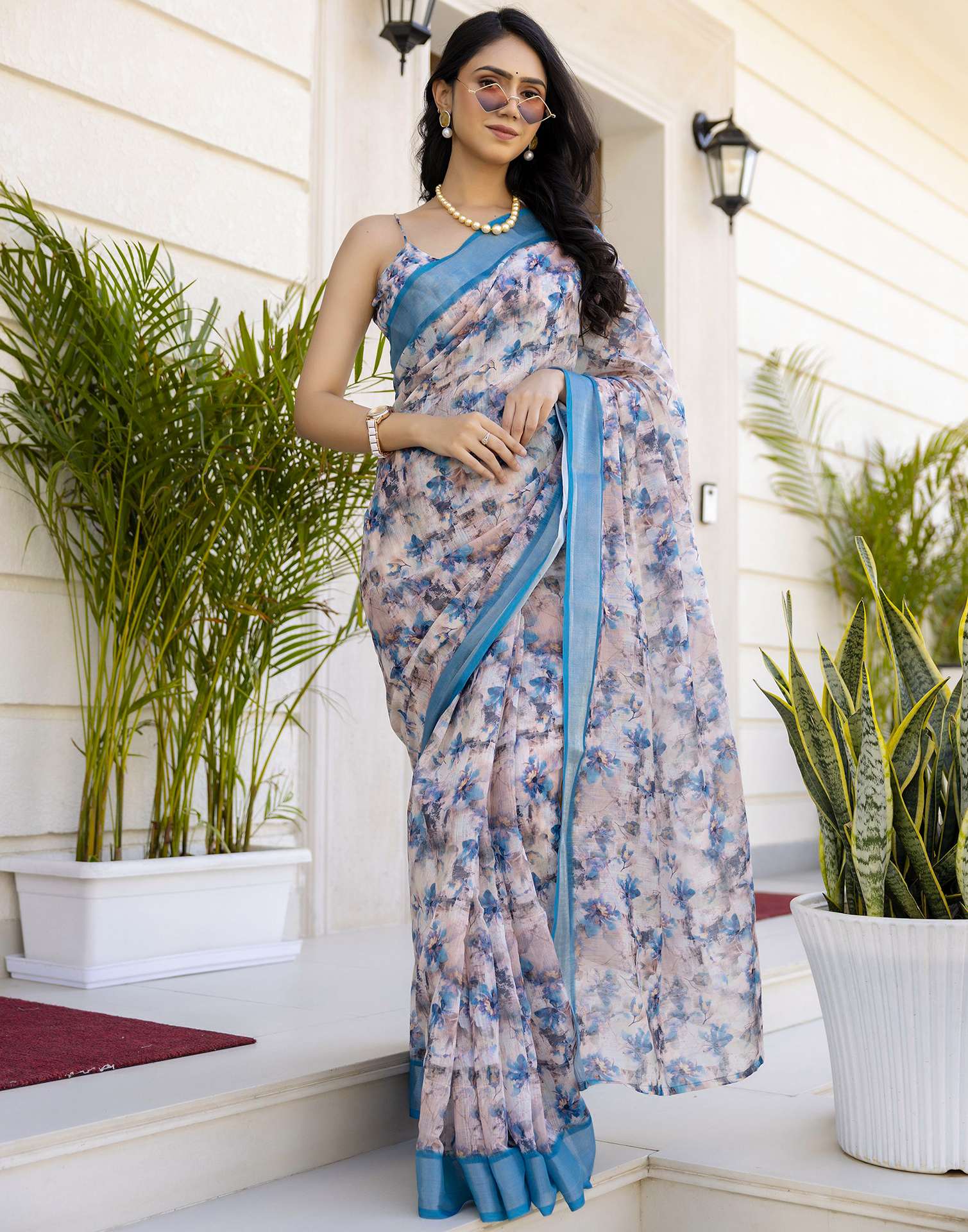 Ready To Wear Off White Linen Floral Printed Saree