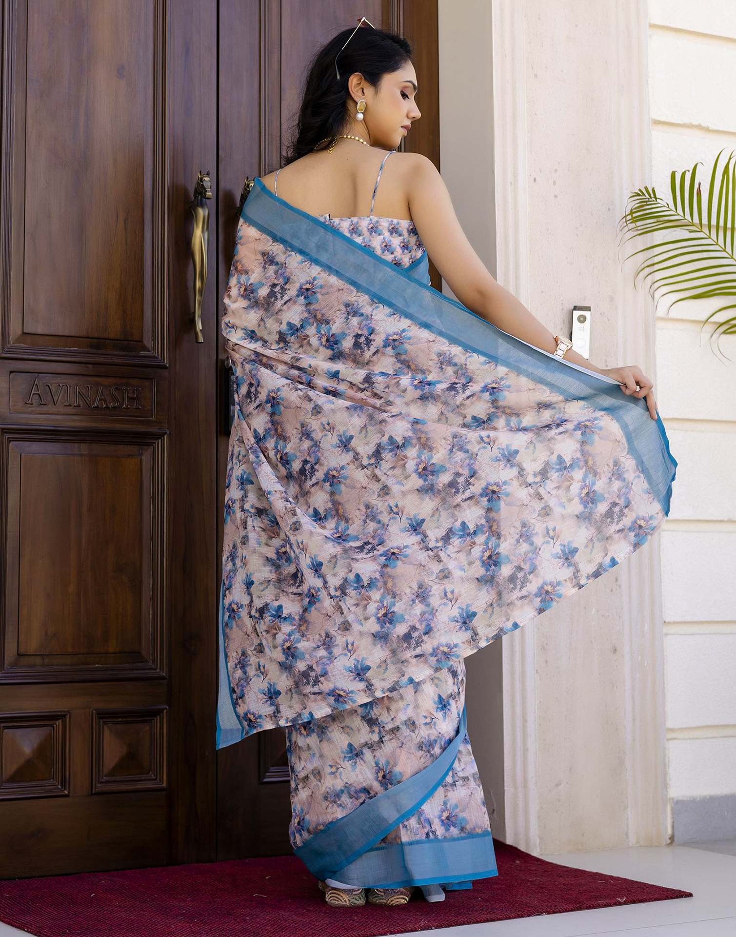Ready To Wear Off White Linen Floral Printed Saree