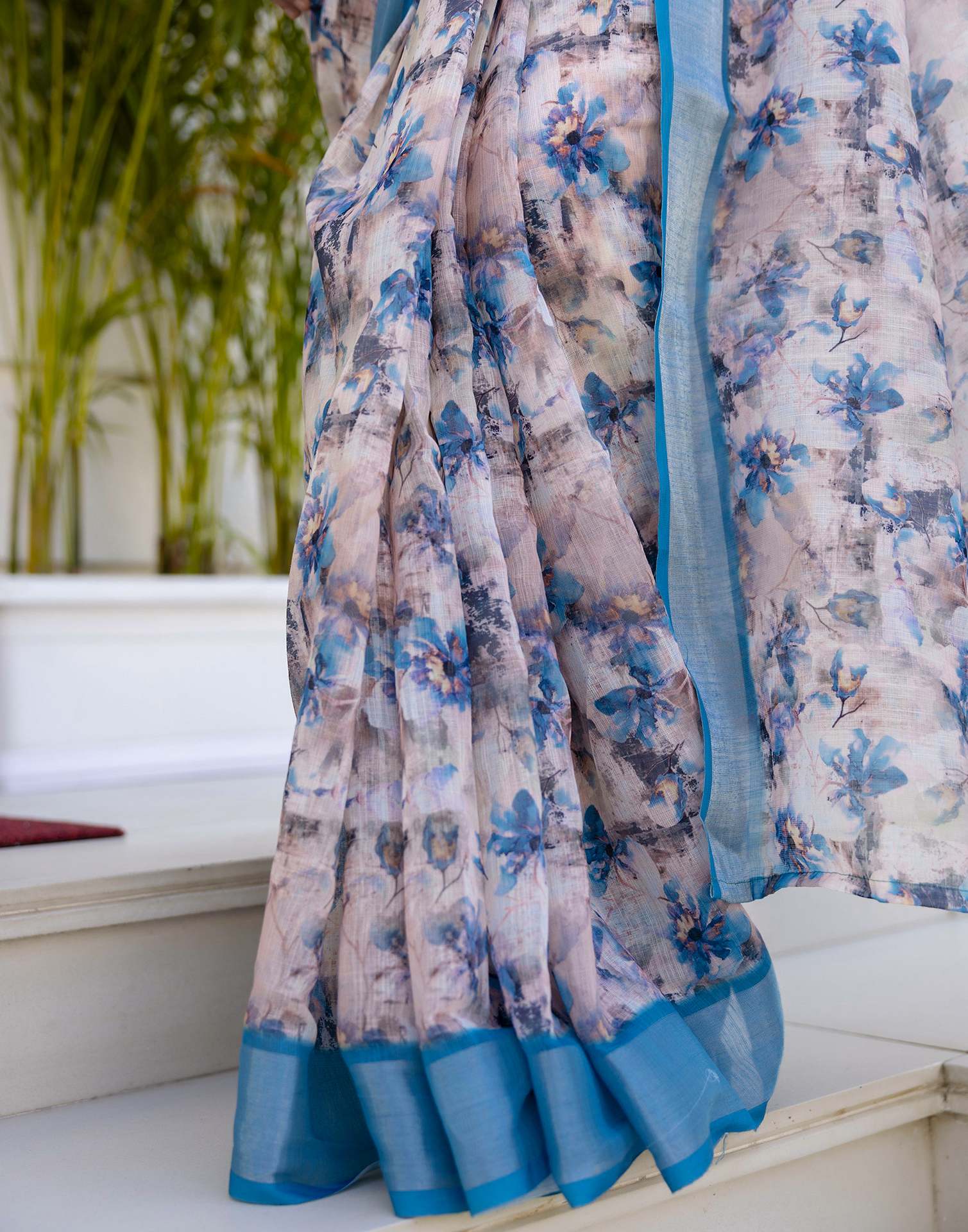 Ready To Wear Off White Linen Floral Printed Saree
