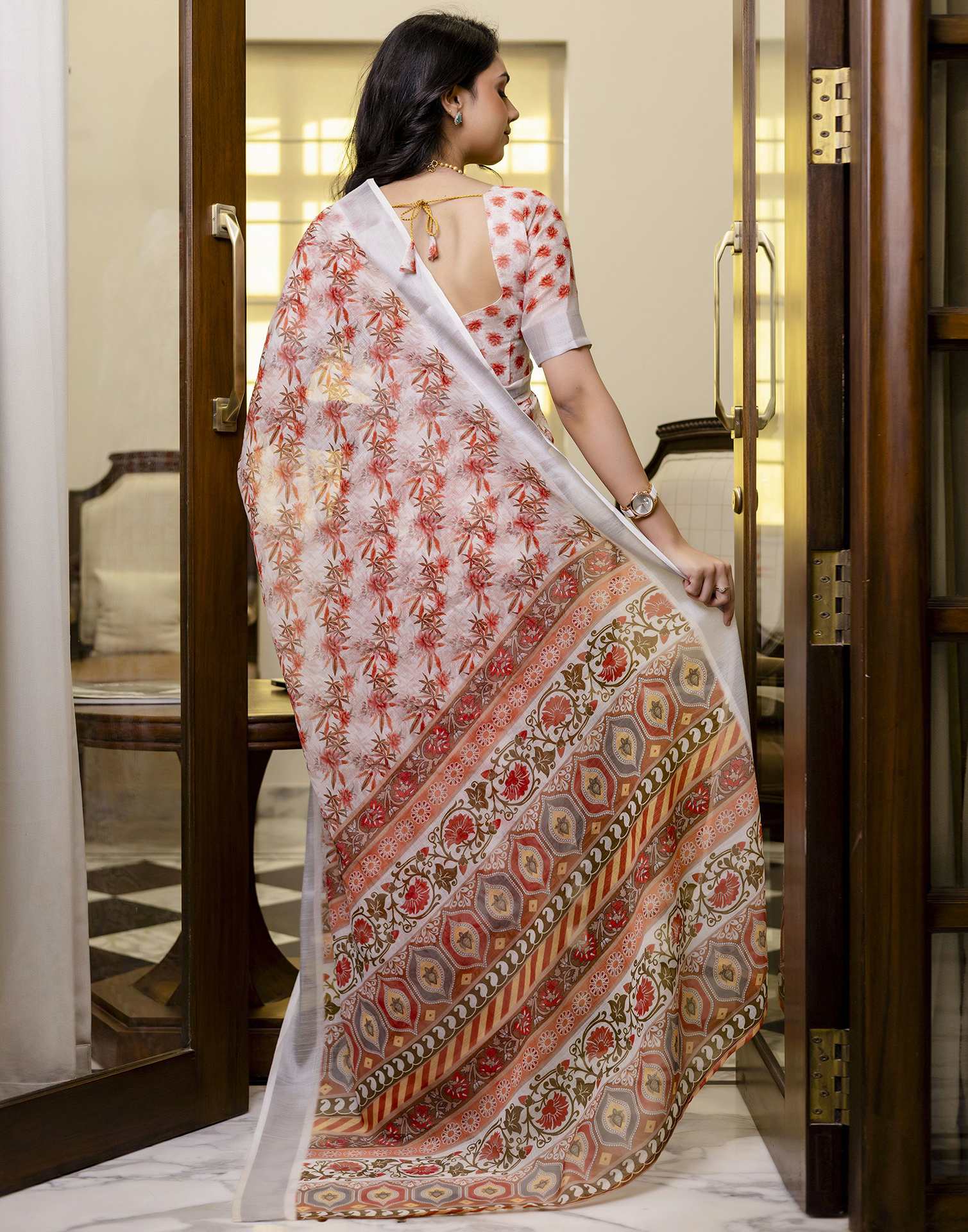 Ready To Wear White Linen Printed Saree