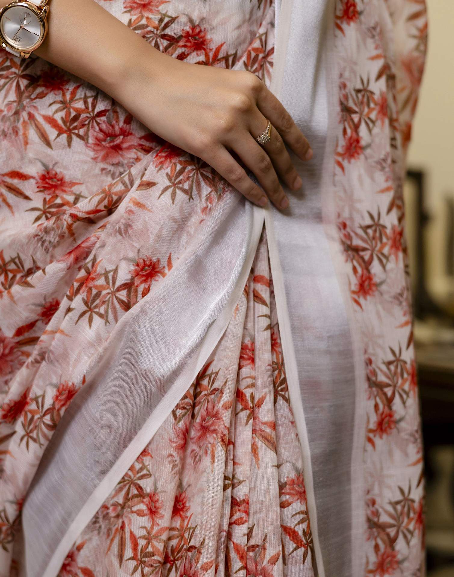 Ready To Wear White Linen Printed Saree