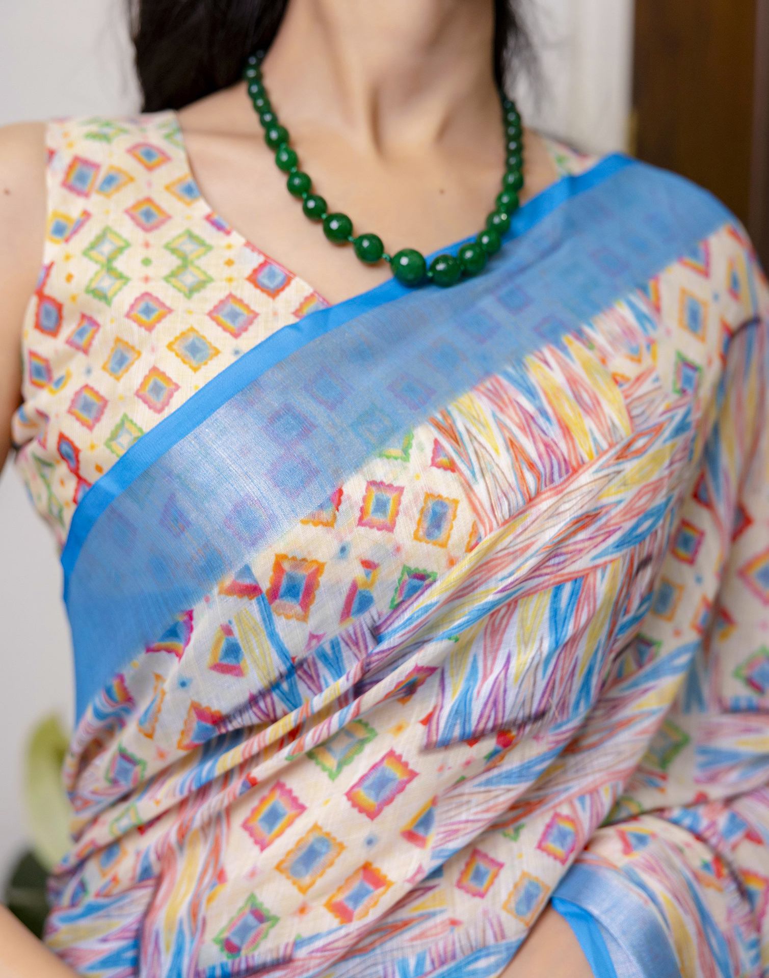Ready To Wear Blue Linen Floral Printed Saree
