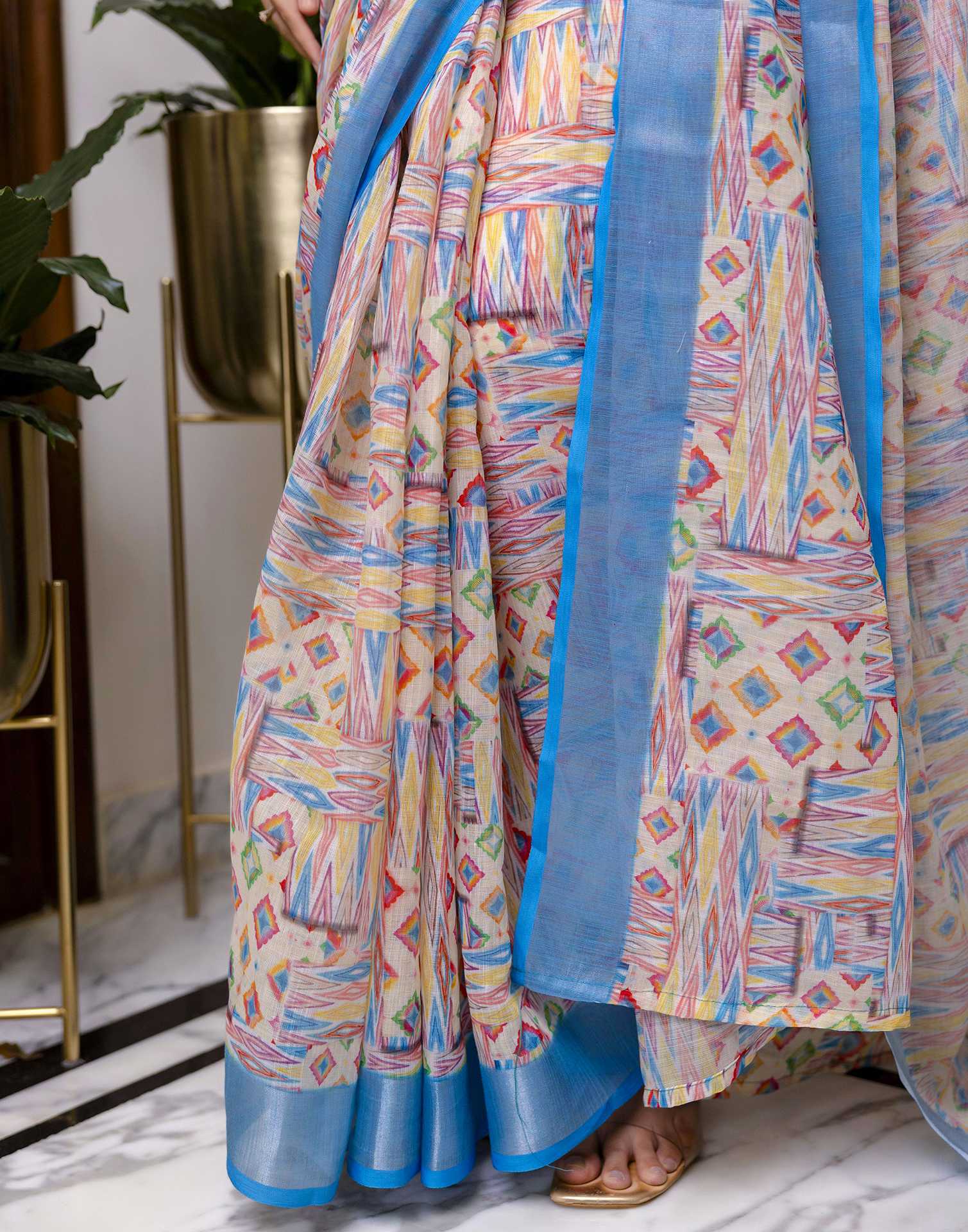 Ready To Wear Blue Linen Floral Printed Saree