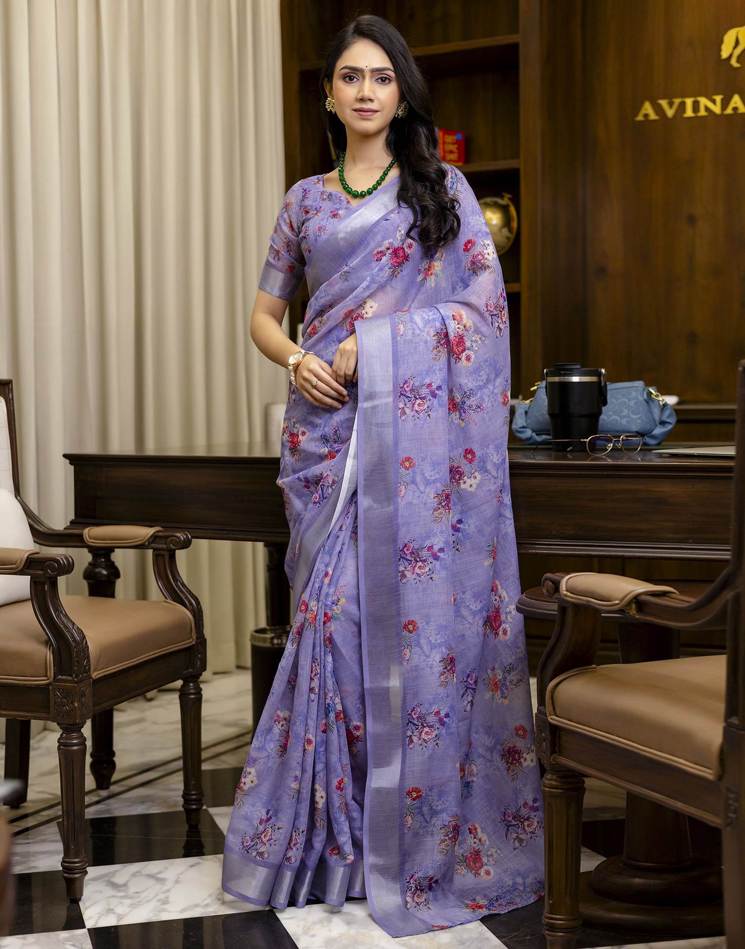 Ready To Wear Light Purple Linen Floral Printed Saree