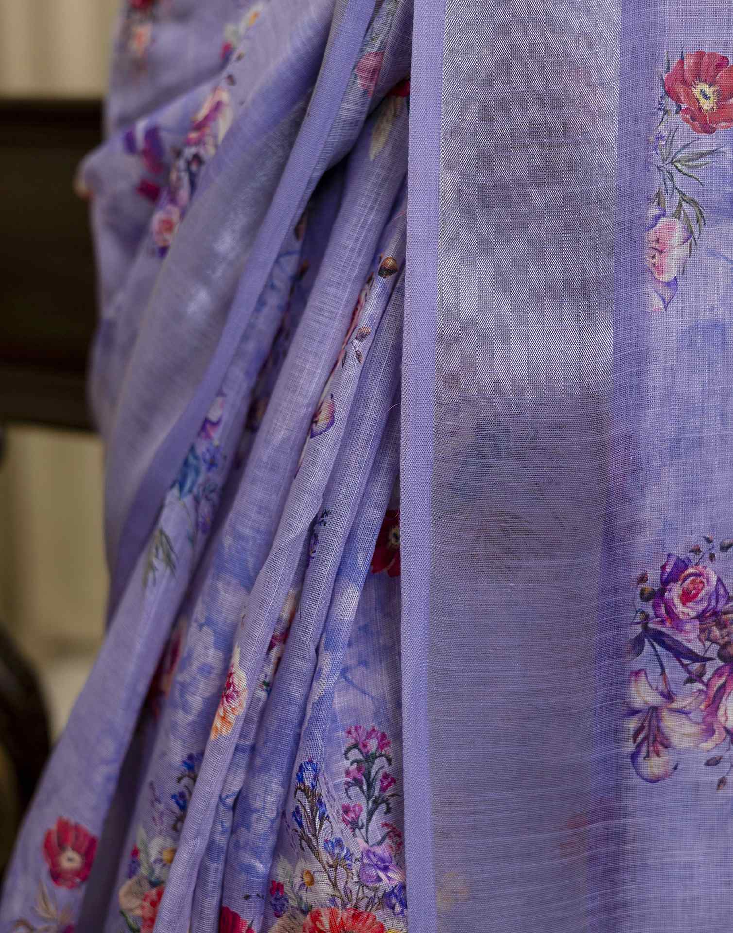 Ready To Wear Light Purple Linen Floral Printed Saree