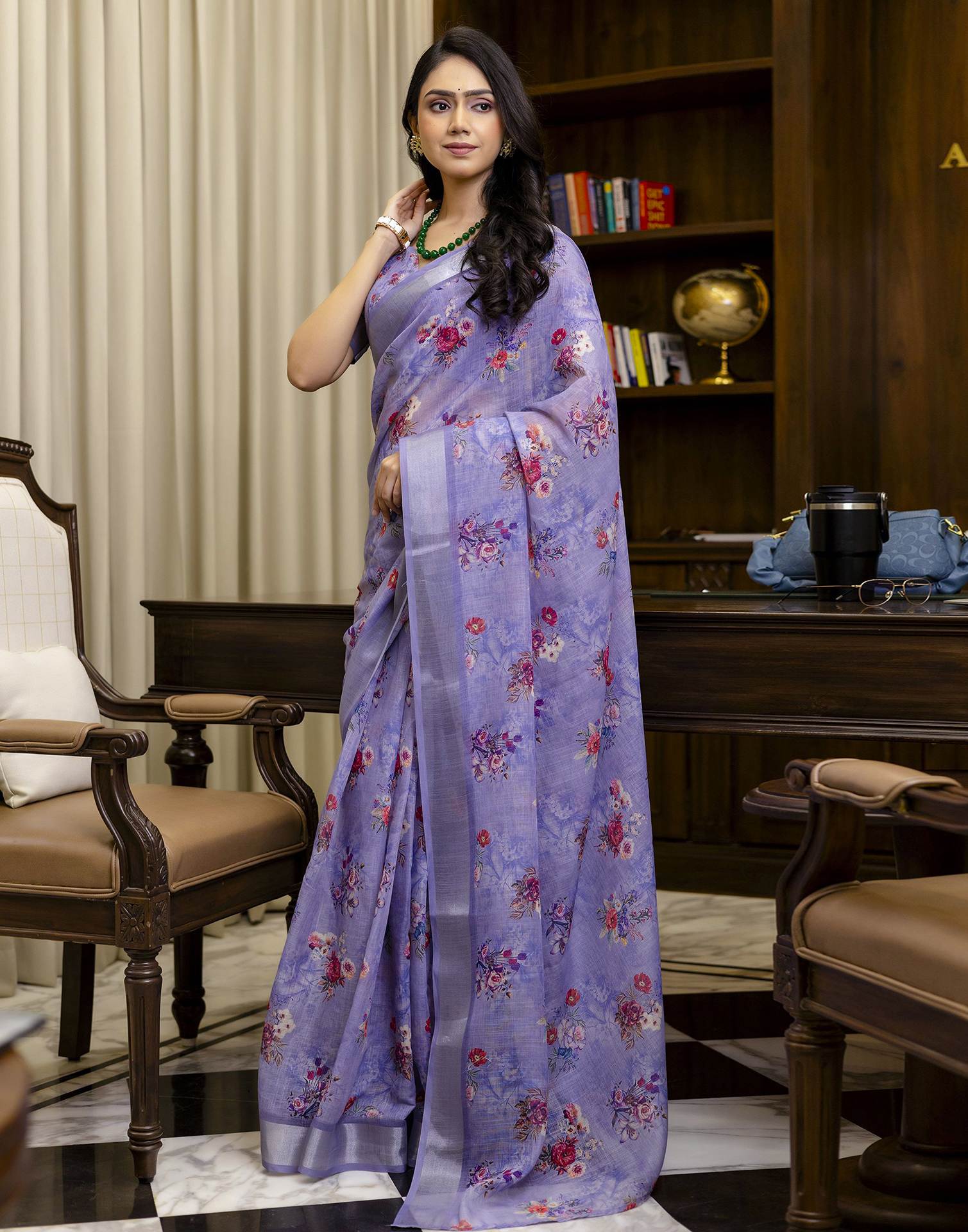 Ready To Wear Light Purple Linen Floral Printed Saree