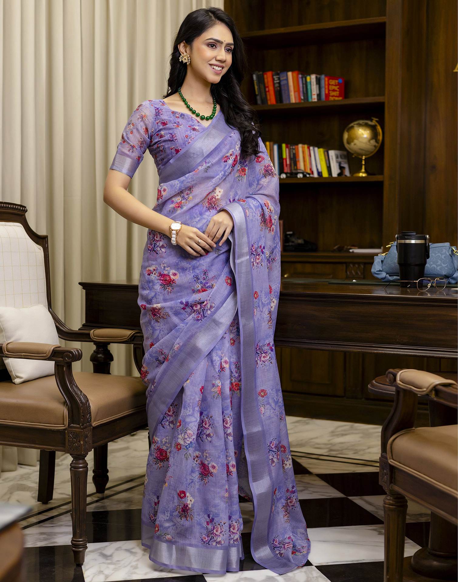 Ready To Wear Light Purple Linen Floral Printed Saree