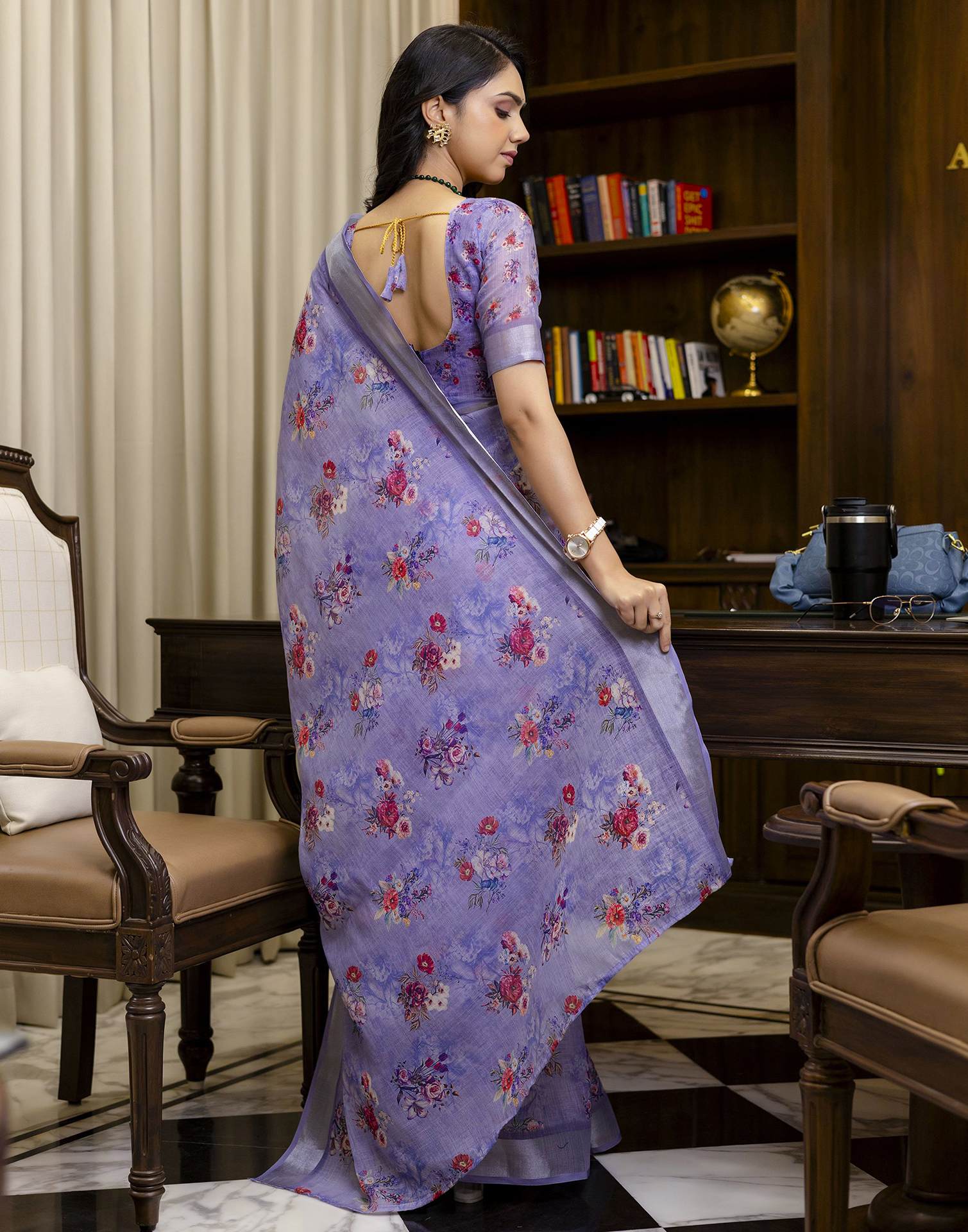 Ready To Wear Light Purple Linen Floral Printed Saree